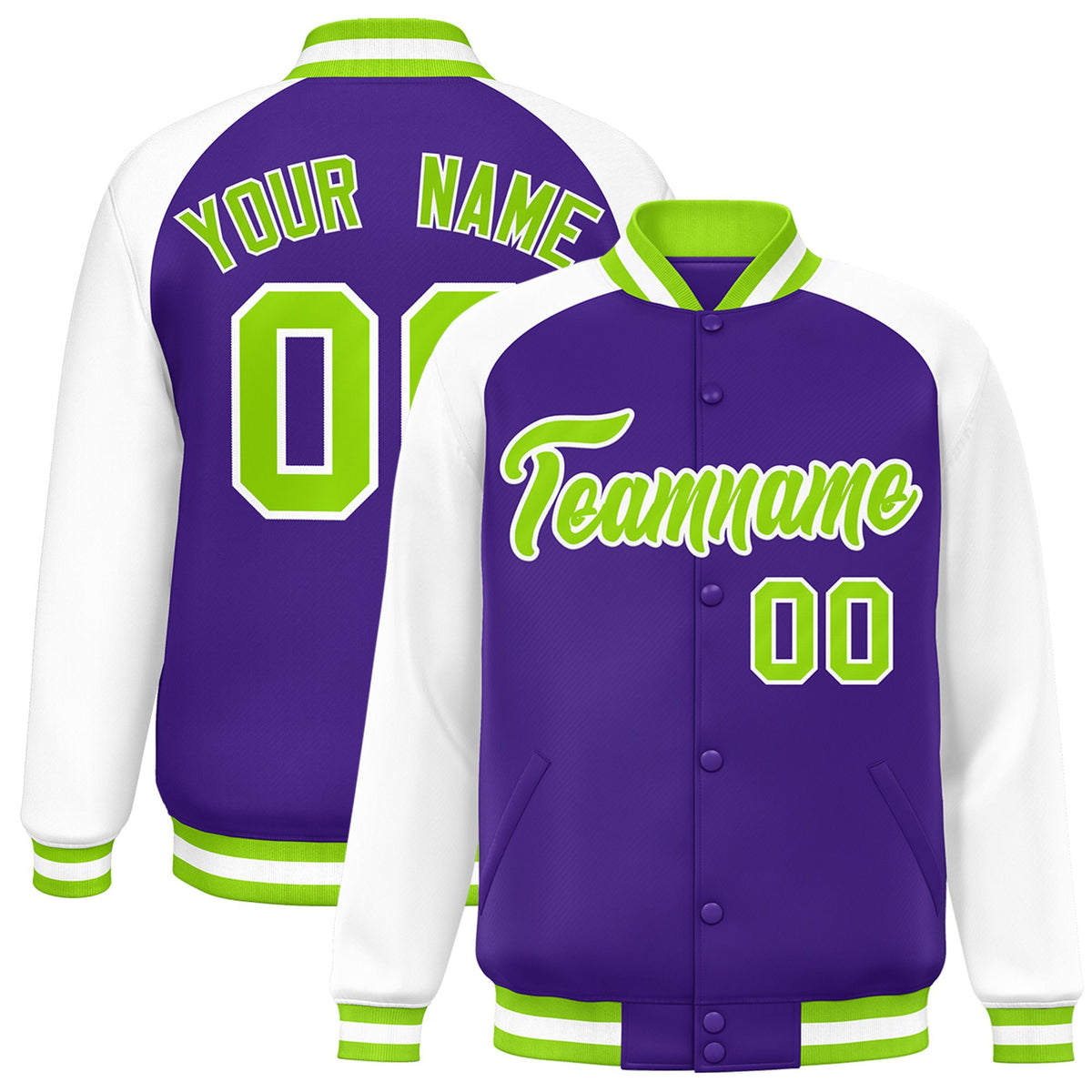 Custom Purple White Neon-Green Bomber Raglan Sleeves Varsity Letterman Jacket