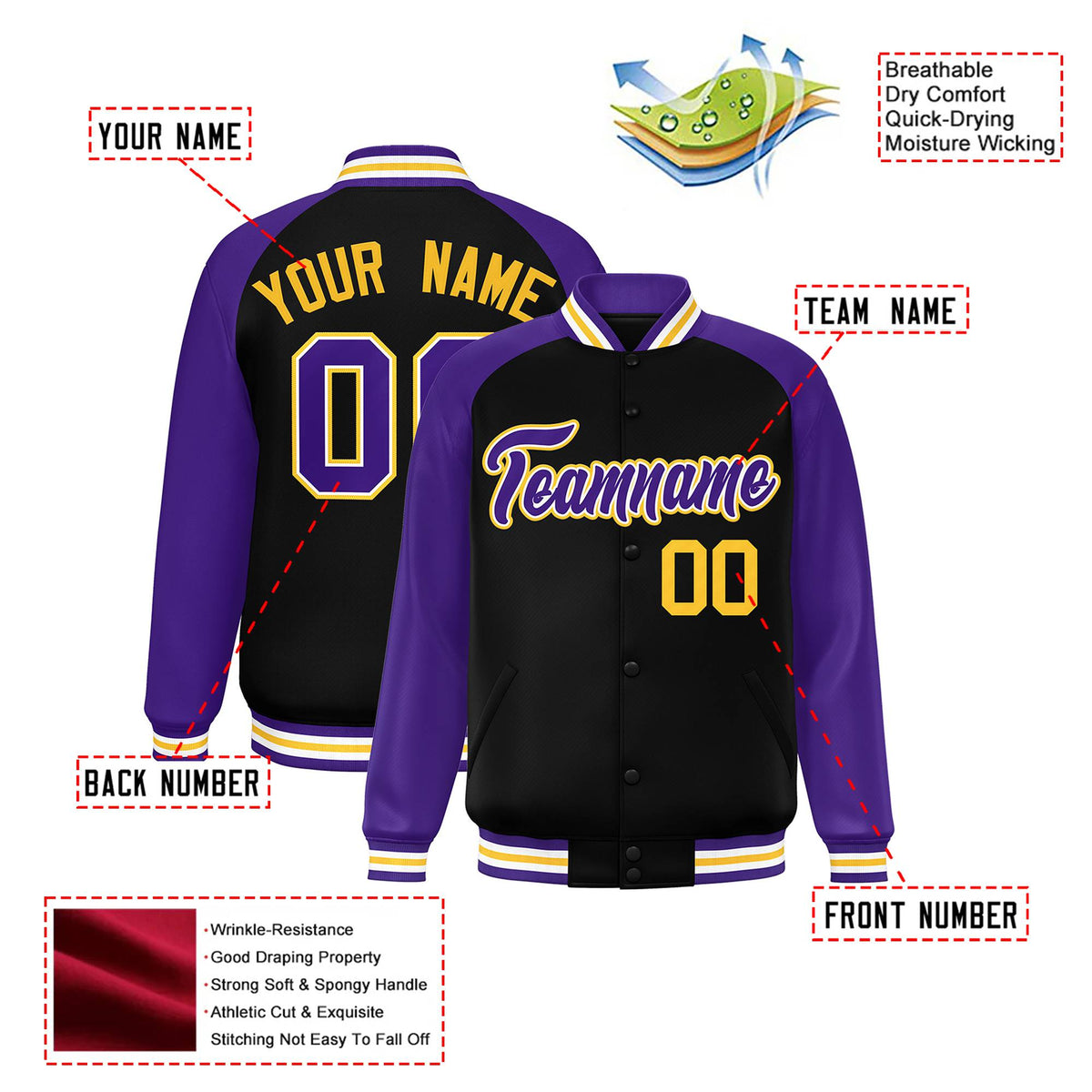 Custom Black Purple-Yellow Bomber Raglan Sleeves Varsity Letterman Jacket