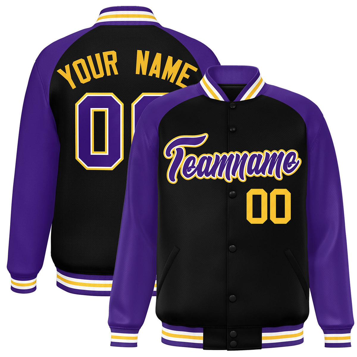 Custom Black Purple-Yellow Bomber Raglan Sleeves Varsity Letterman Jacket