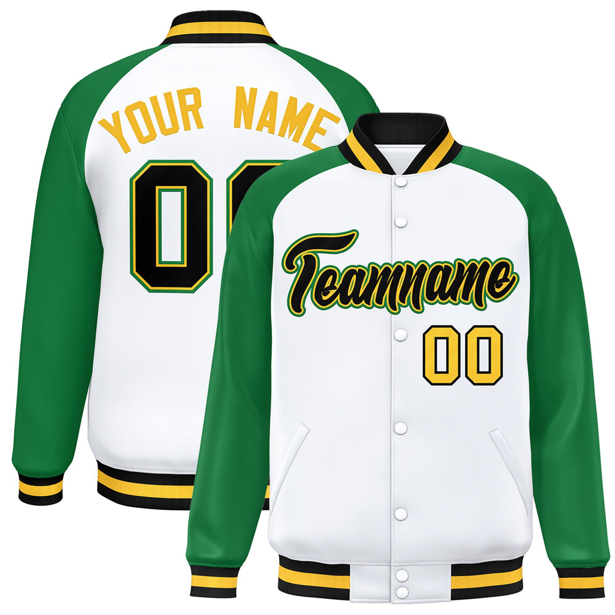 Custom White Neon-Green Black-Yellow Bomber Raglan Sleeves Varsity Letterman Jacket