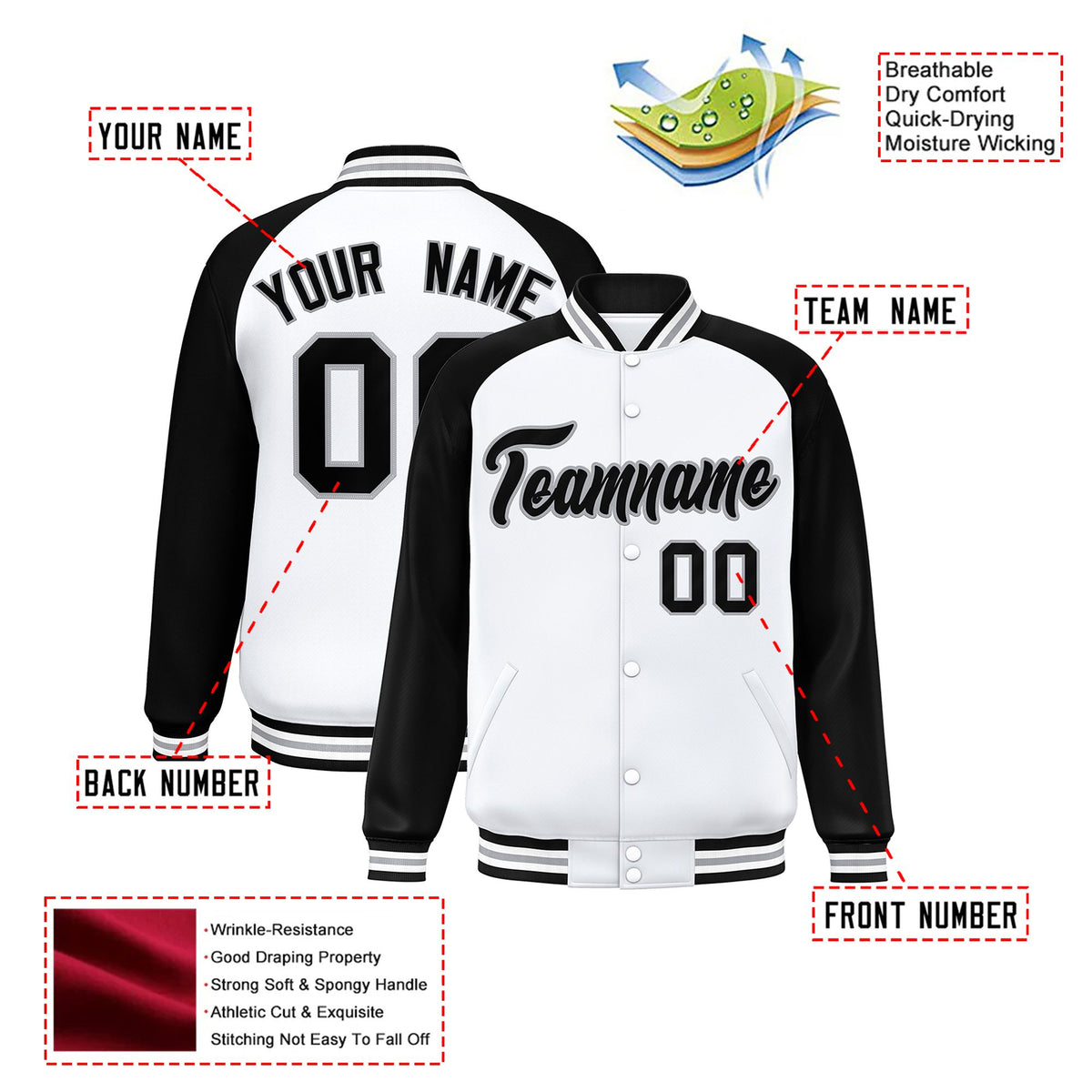 Custom White Black-Gray Bomber Raglan Sleeves Varsity Letterman Jacket