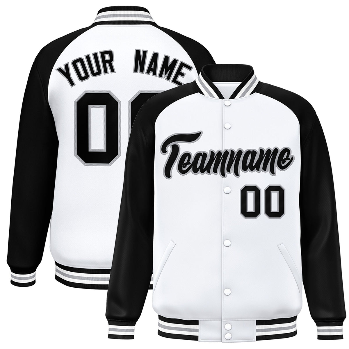 Custom White Black-Gray Bomber Raglan Sleeves Varsity Letterman Jacket