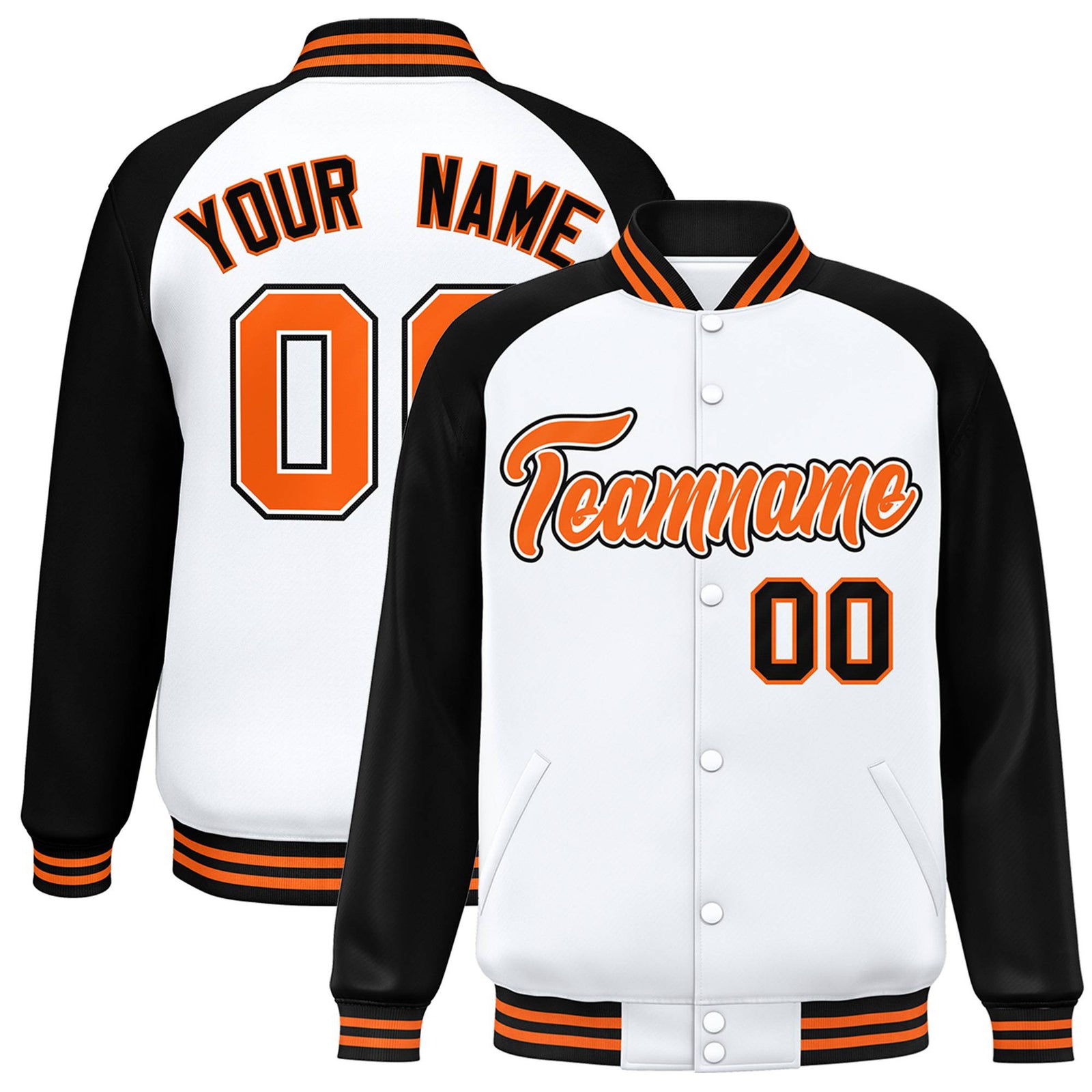 Custom White Black-Orange Bomber Raglan Sleeves Varsity Letterman Jacket