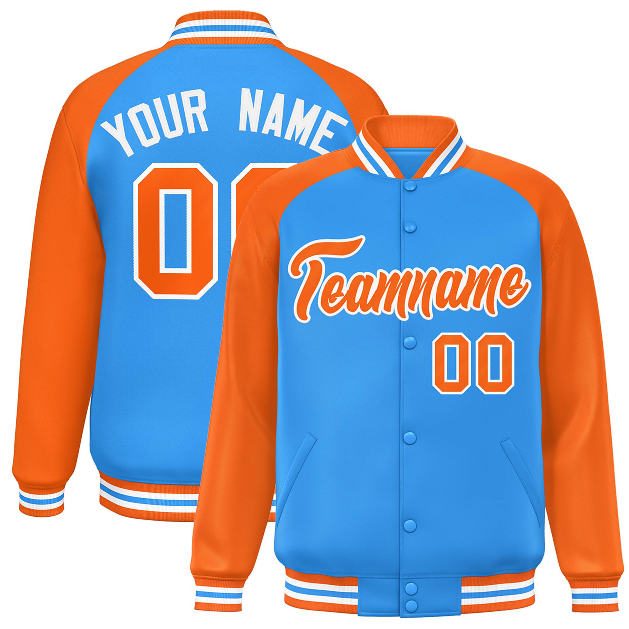 Custom Light Blue Orange-White Bomber Raglan Sleeves Varsity Letterman Jacket