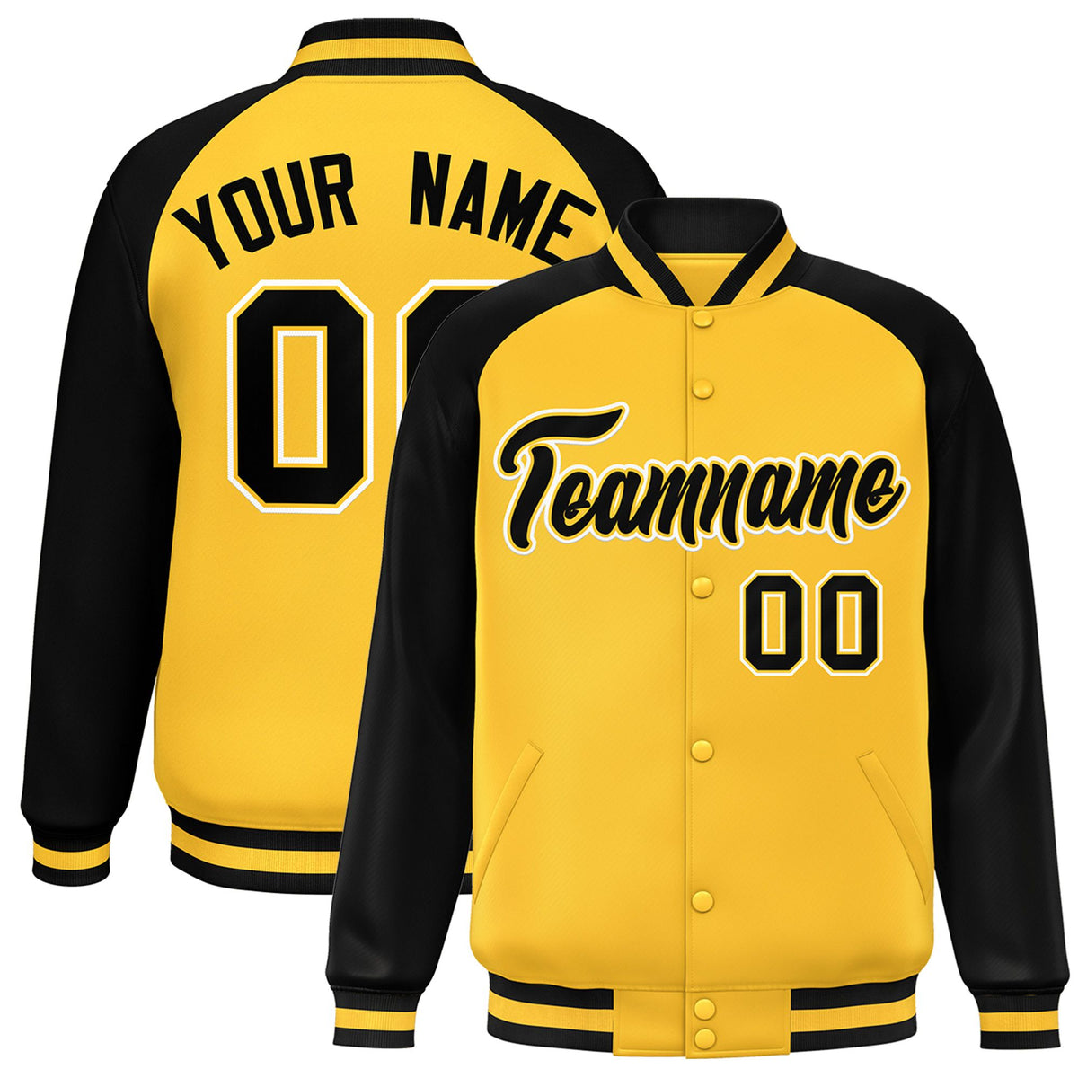 Custom Yellow Black Bomber Raglan Sleeves Varsity Letterman Jacket