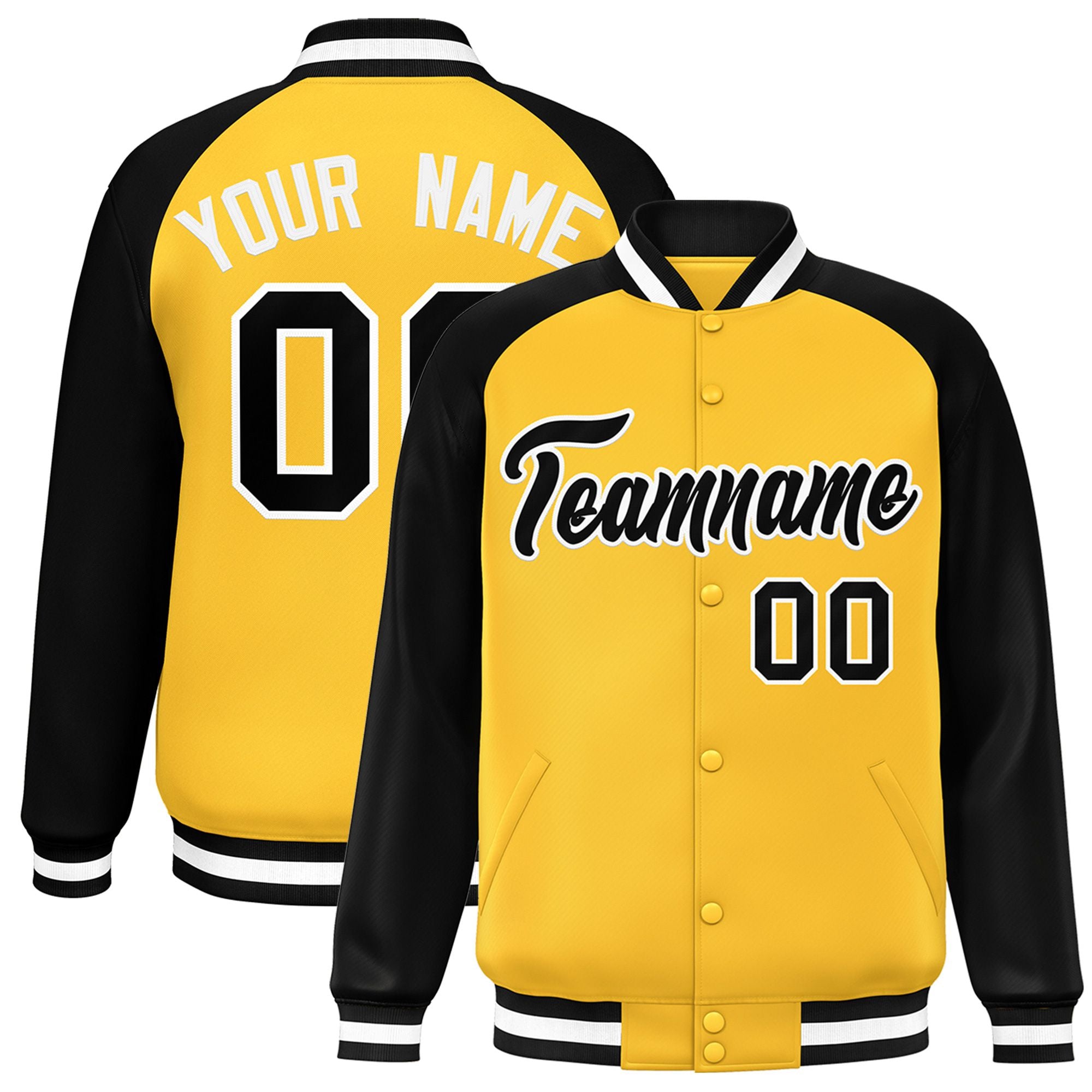 Custom Yellow Black-White Bomber Raglan Sleeves Varsity Letterman Jacket