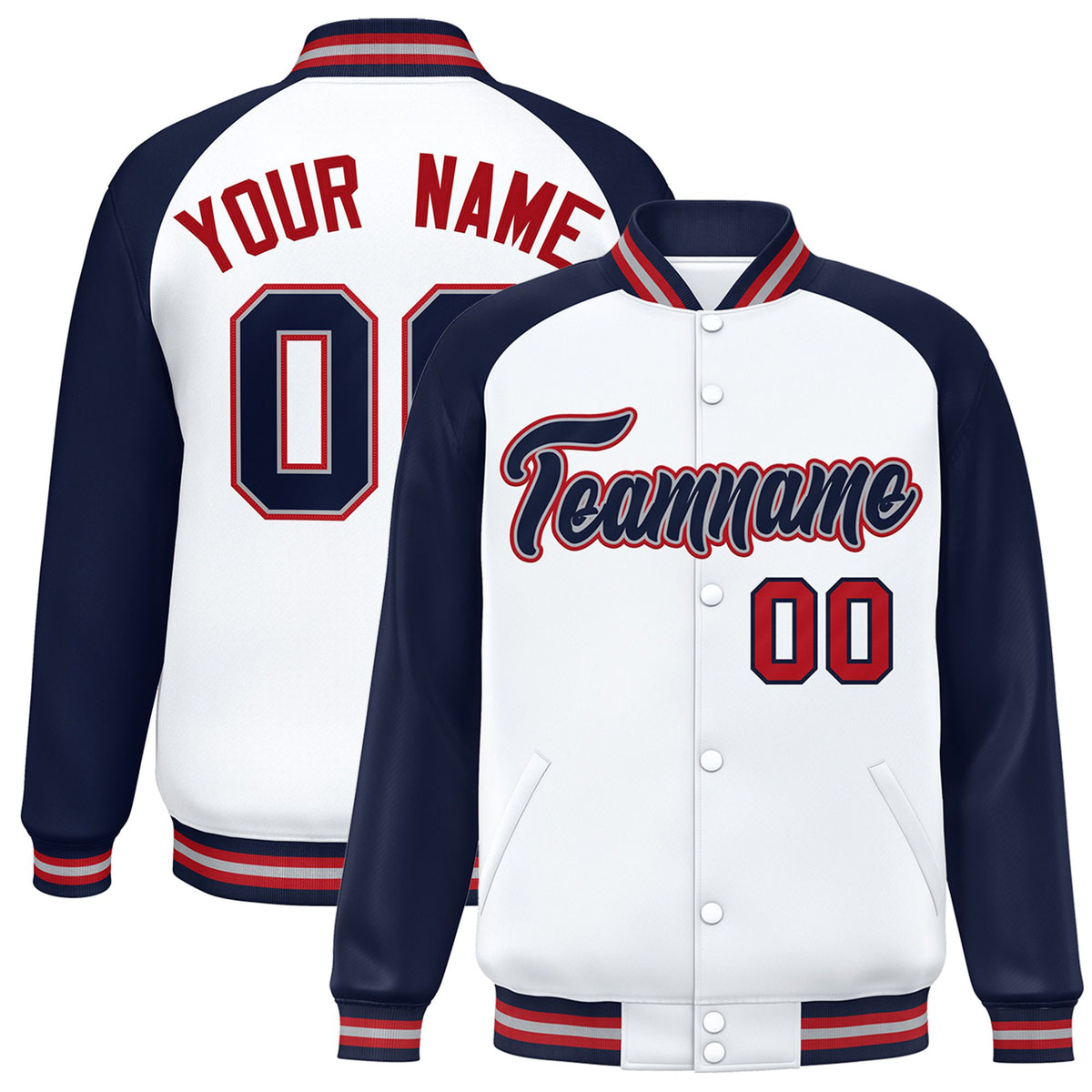 Custom White Navy-Red Gray Bomber Raglan Sleeves Varsity Letterman Jacket