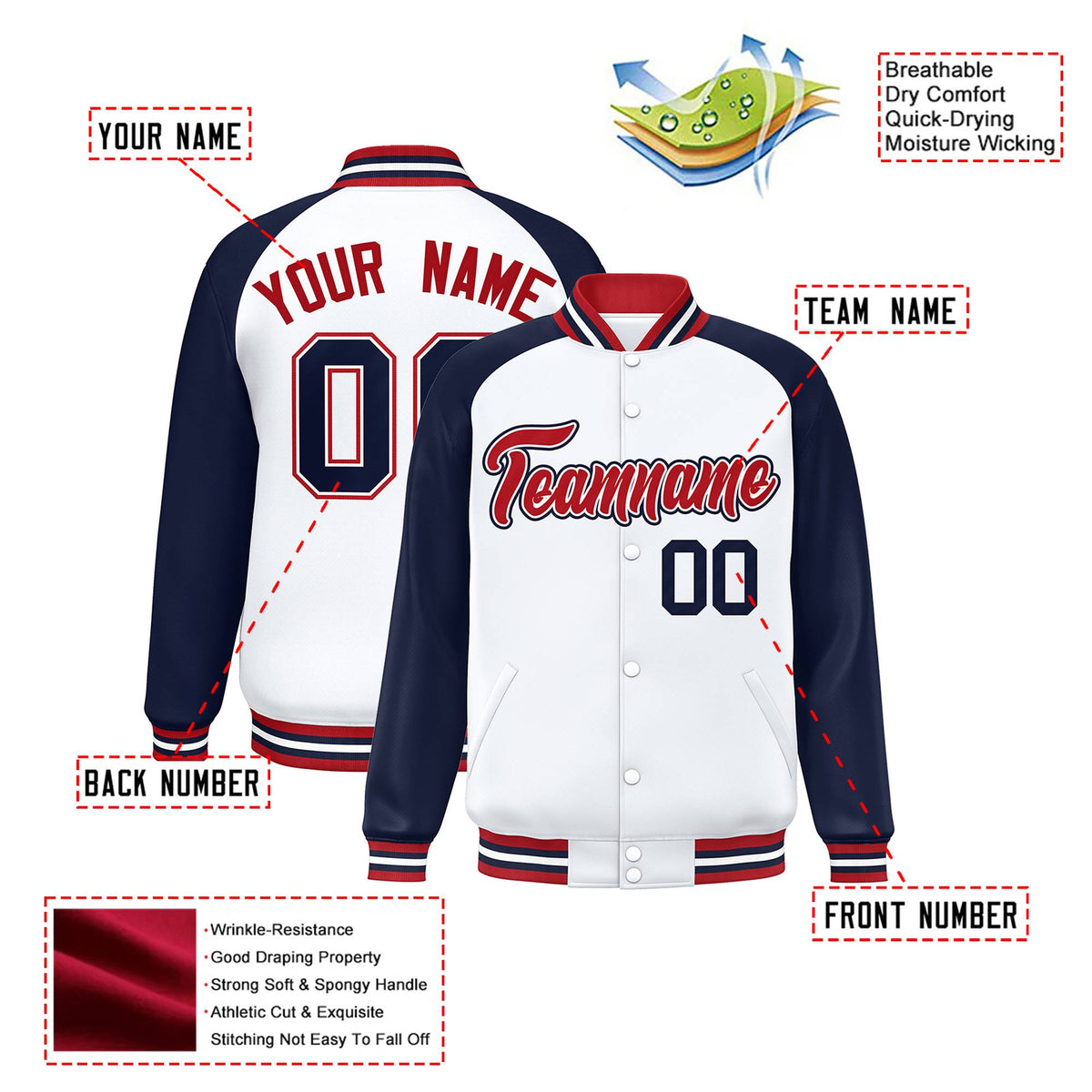 Custom White Navy-Red Bomber Raglan Sleeves Varsity Letterman Jacket