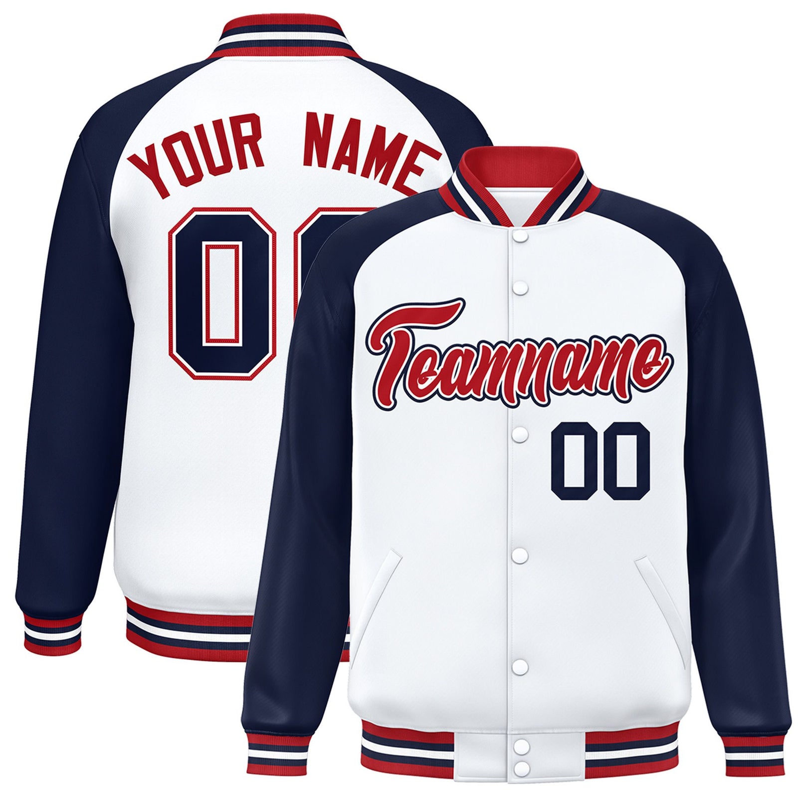 Custom White Navy-Red Bomber Raglan Sleeves Varsity Letterman Jacket
