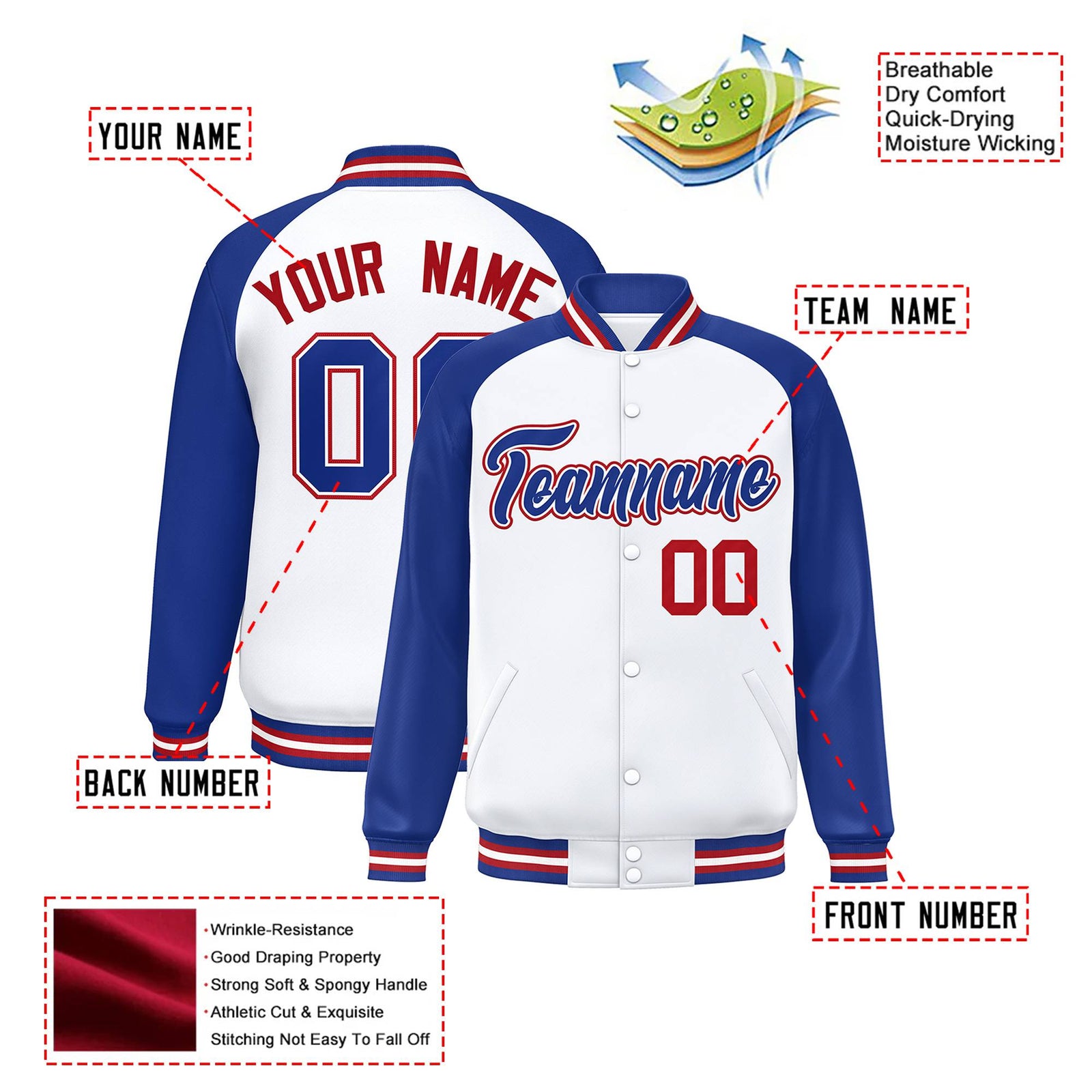 Custom White Thunder-Blue Red Bomber Raglan Sleeves Varsity Letterman Jacket