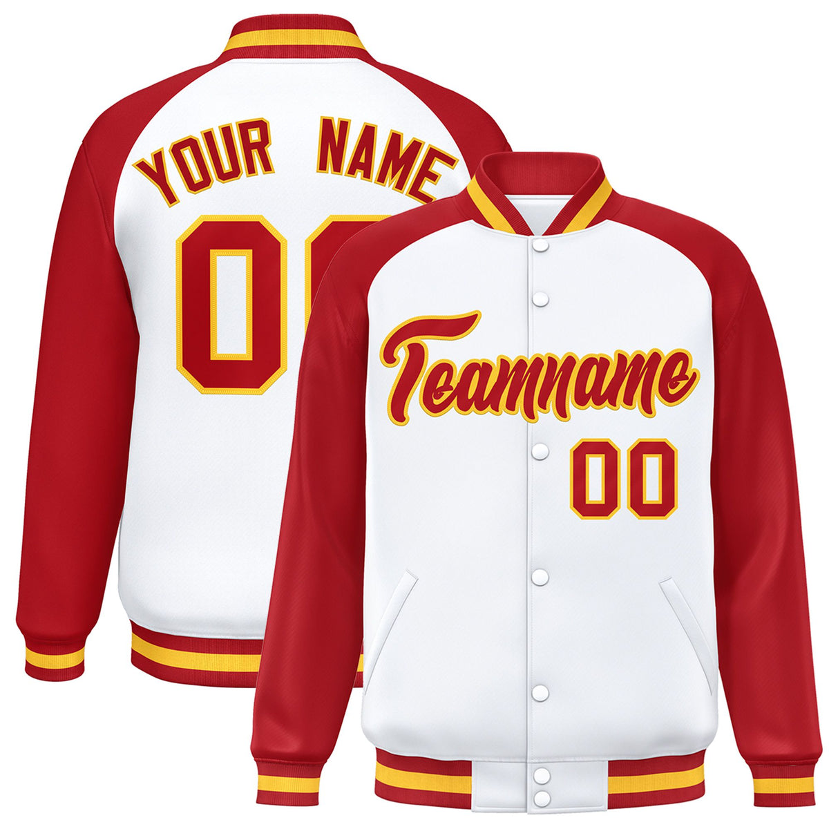 Custom White Red-Yellow Bomber Raglan Sleeves Varsity Letterman Jacket