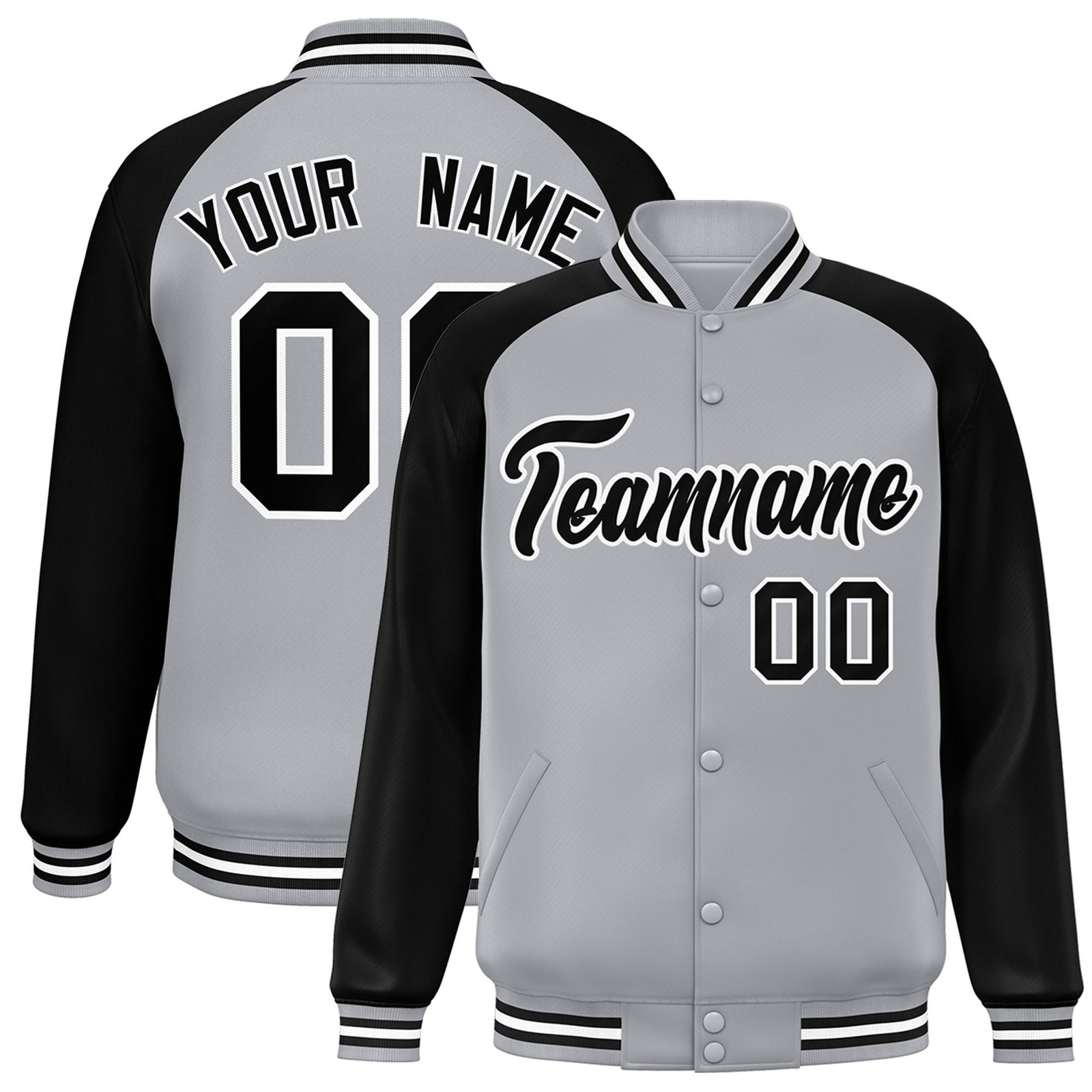 Custom Gray Black-White Bomber Raglan Sleeves Varsity Letterman Jacket