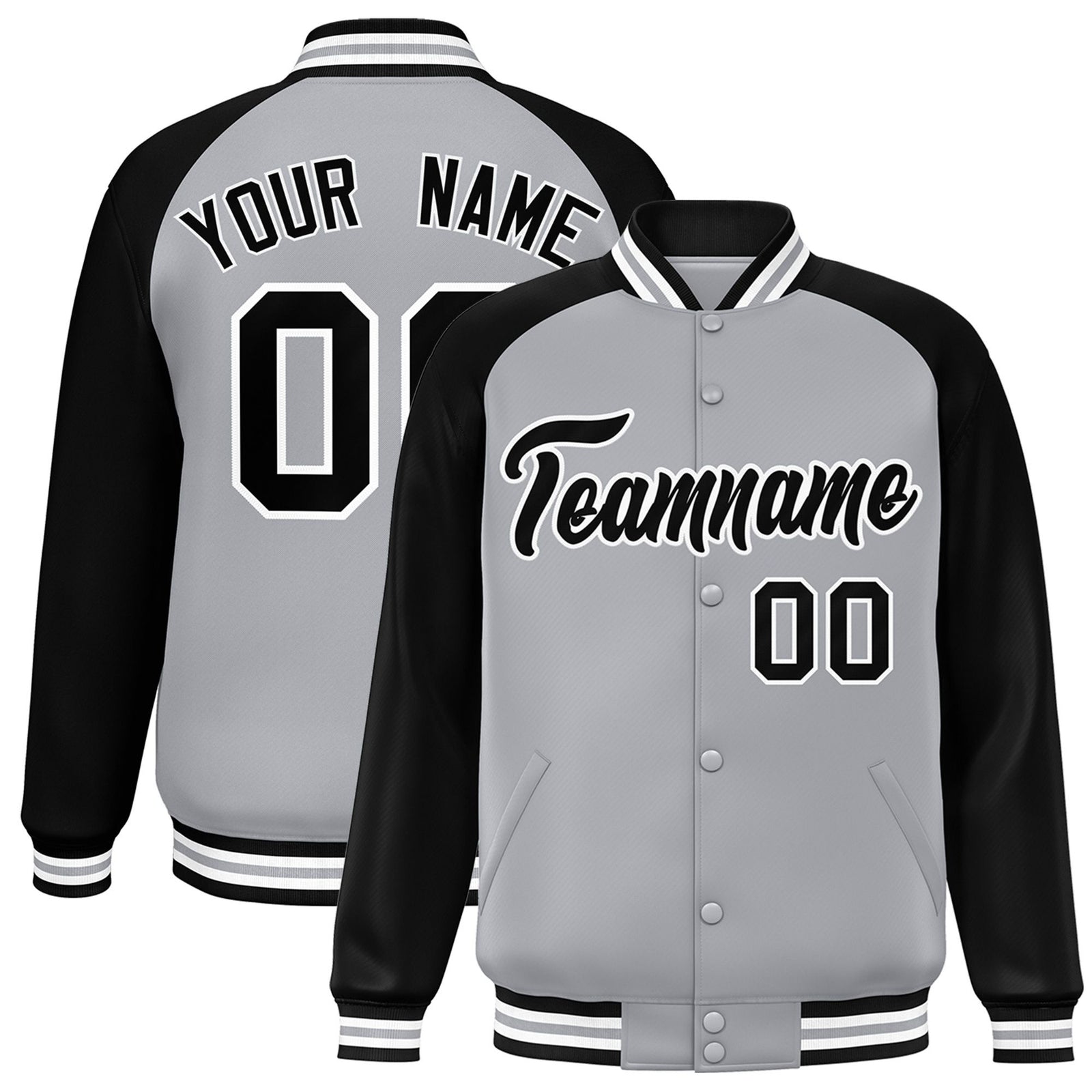 Custom Gray Black-White Gray Bomber Raglan Sleeves Varsity Letterman Jacket