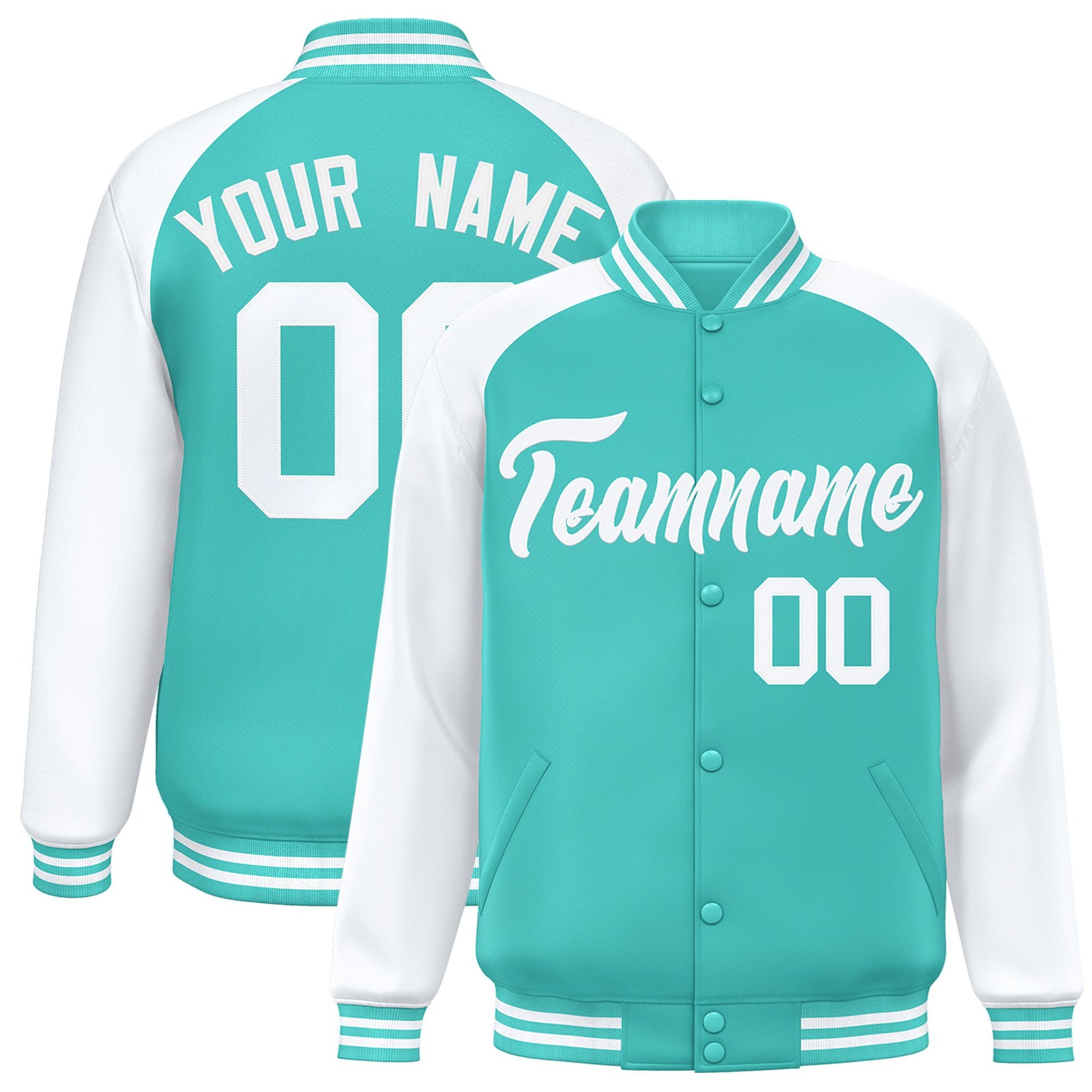 Custom Aqua-White Bomber Raglan Sleeves Varsity Letterman Jacket