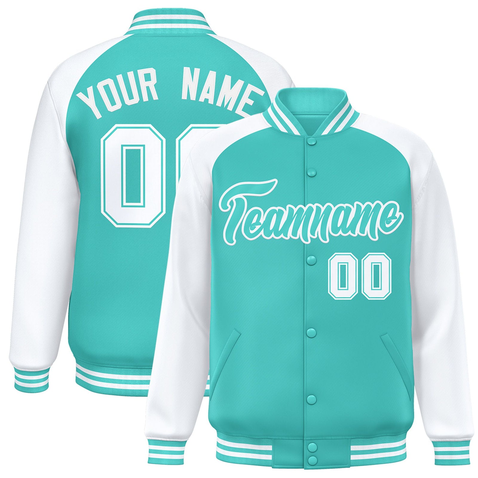 Custom Aqua Aqua-White Bomber Raglan Sleeves Varsity Letterman Jacket