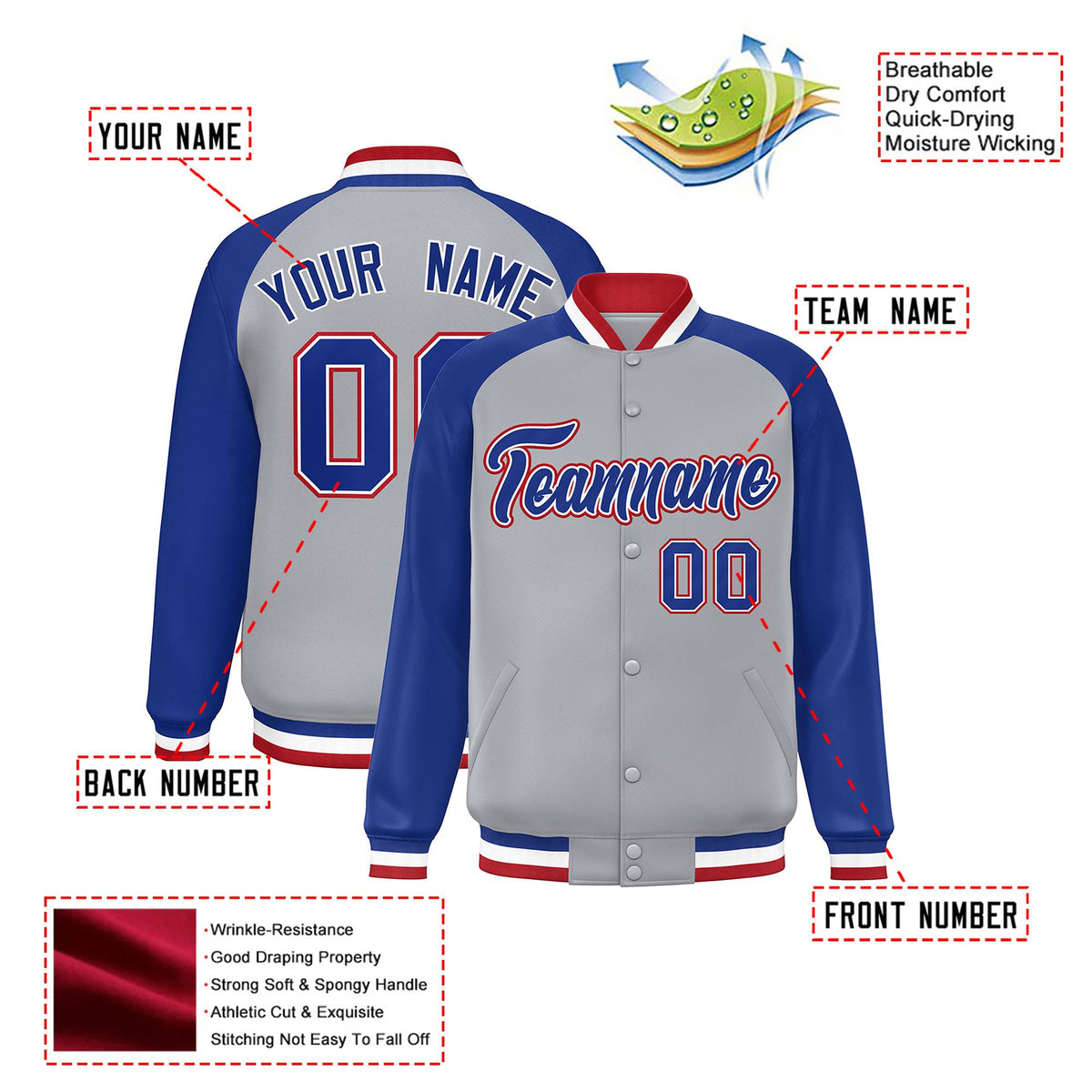 Custom Gray Thunder-Blue Red Bomber Raglan Sleeves Varsity Letterman Jacket