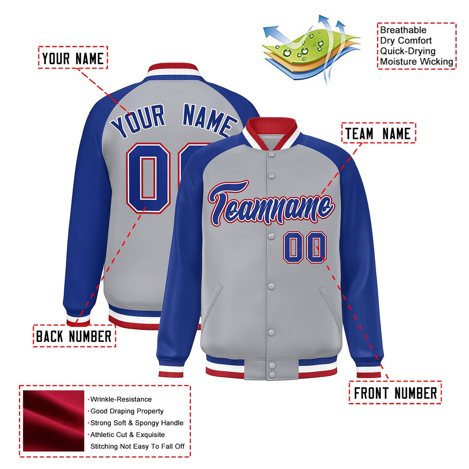 Custom Gray Thunder-Blue Red Bomber Raglan Sleeves Varsity Letterman Jacket