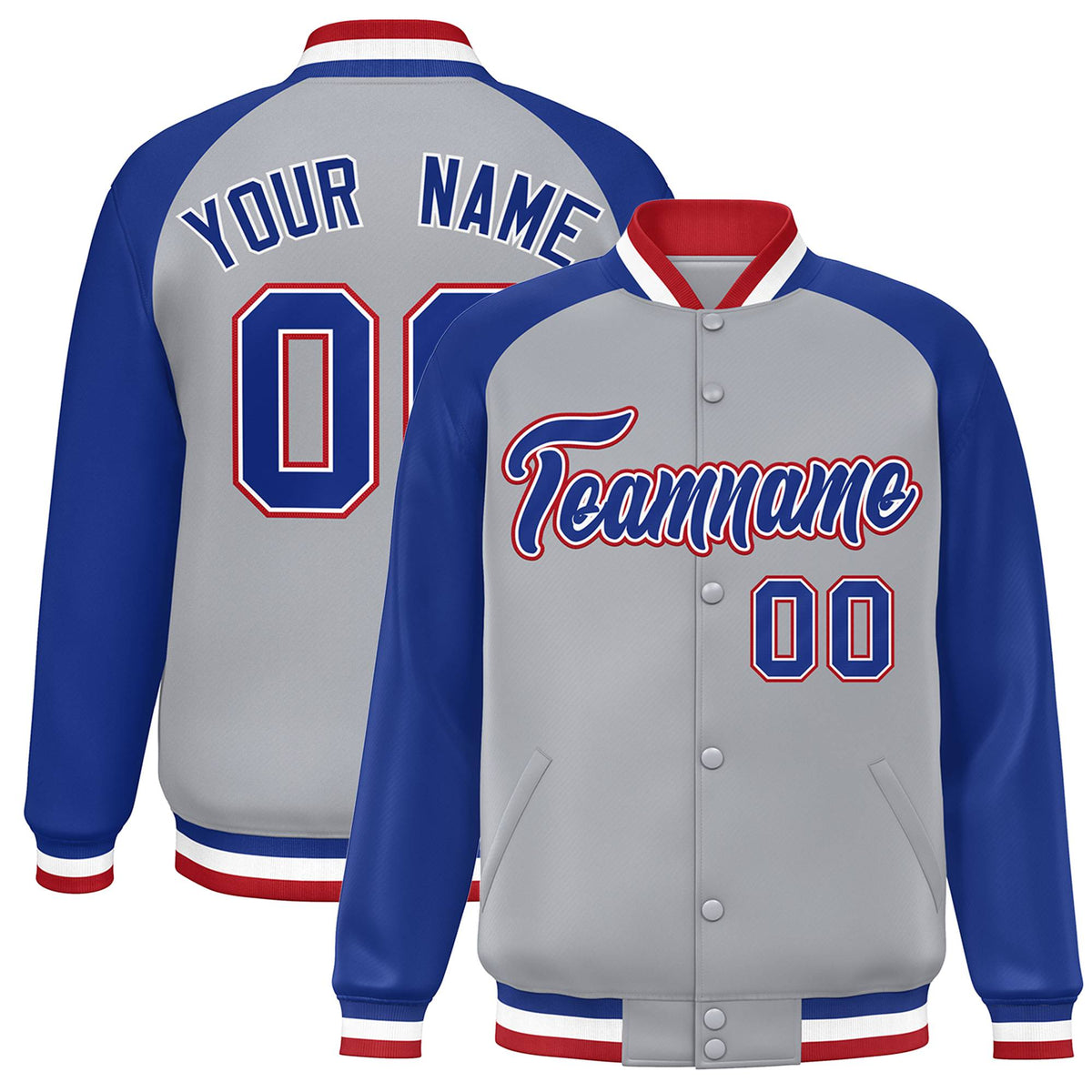 Custom Gray Thunder-Blue Red Bomber Raglan Sleeves Varsity Letterman Jacket