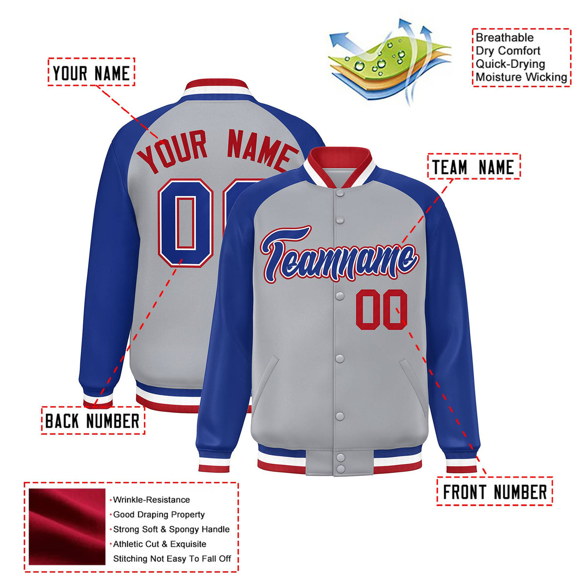 Custom Gray Thunder-Blue Red Bomber Raglan Sleeves Varsity Letterman Jacket