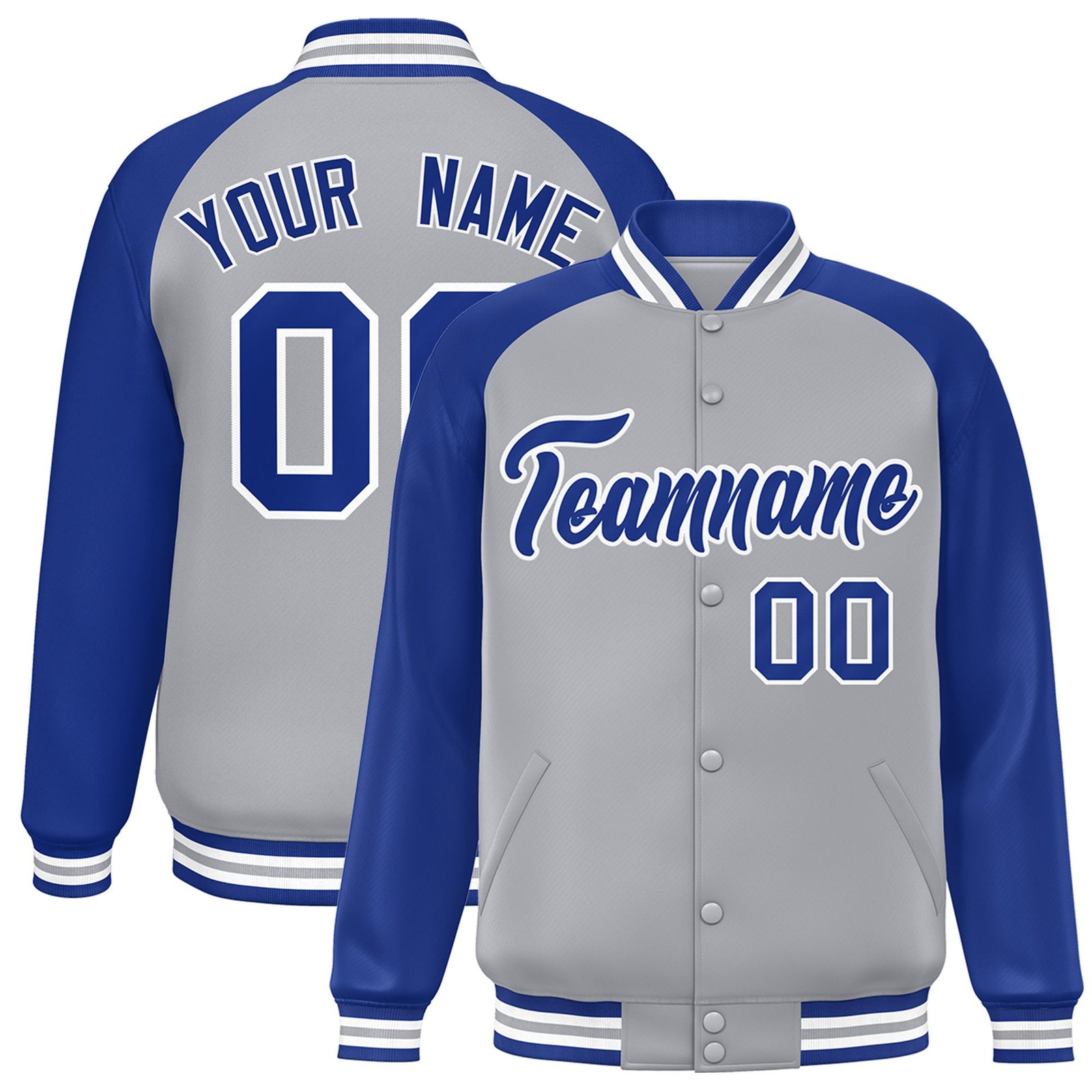 Custom Gray Thunder-Blue Black Bomber Raglan Sleeves Varsity Letterman Jacket