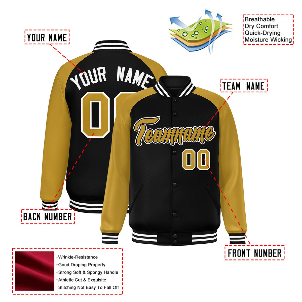 Custom Black Old-Gold White Bomber Raglan Sleeves Varsity Letterman Jacket