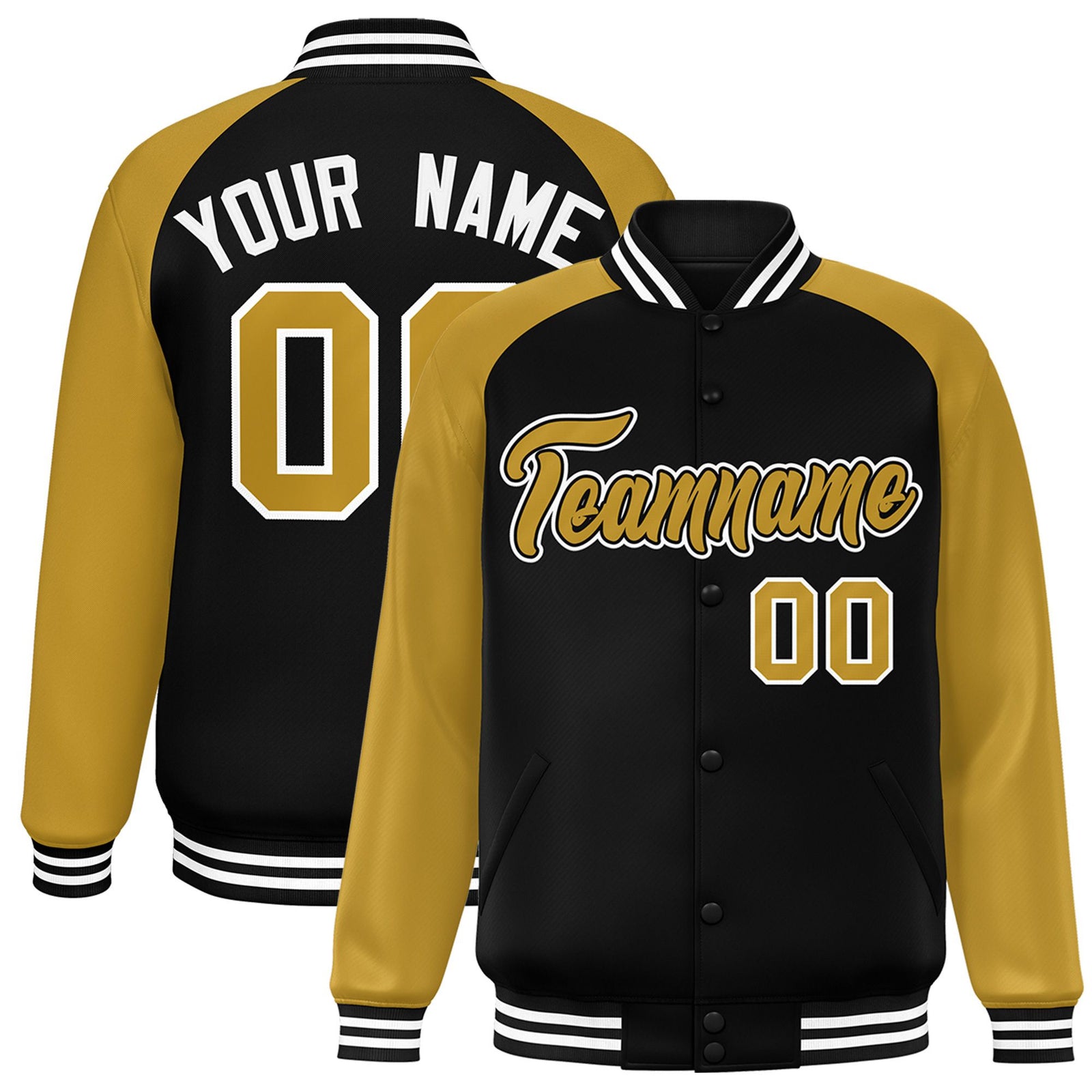 Custom Black Old-Gold White Bomber Raglan Sleeves Varsity Letterman Jacket