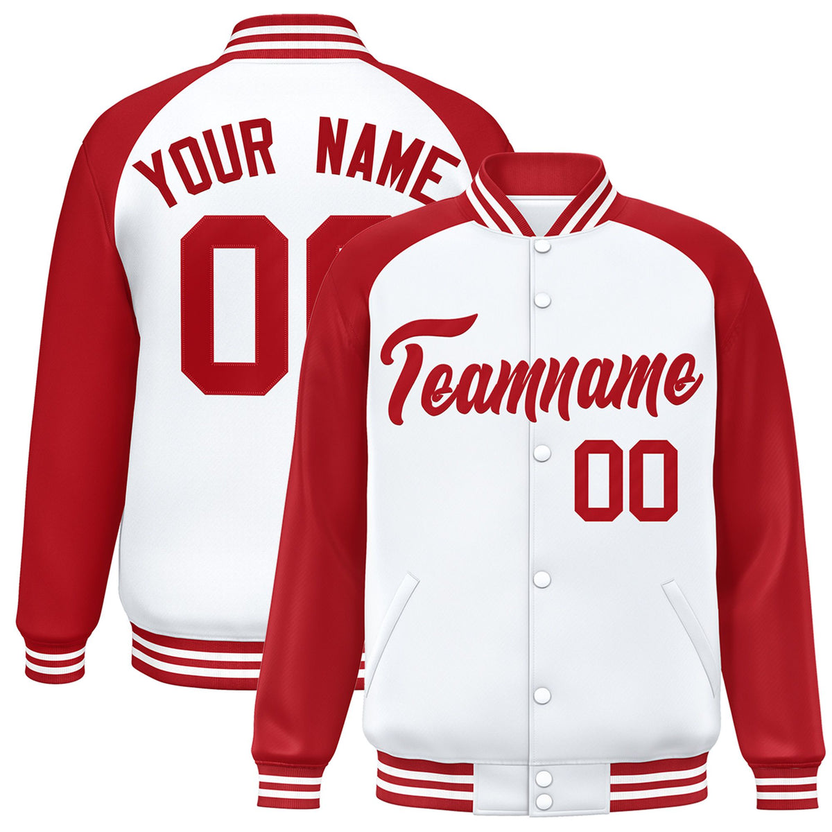 Custom White Royal-Red Bomber Raglan Sleeves Varsity Letterman Jacket