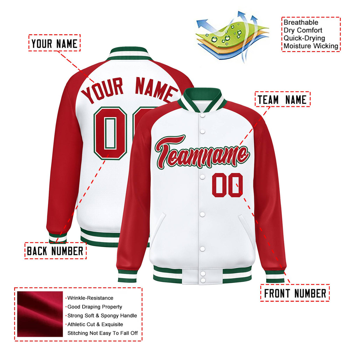 Custom White Royal-Red Green Bomber Raglan Sleeves Varsity Letterman Jacket