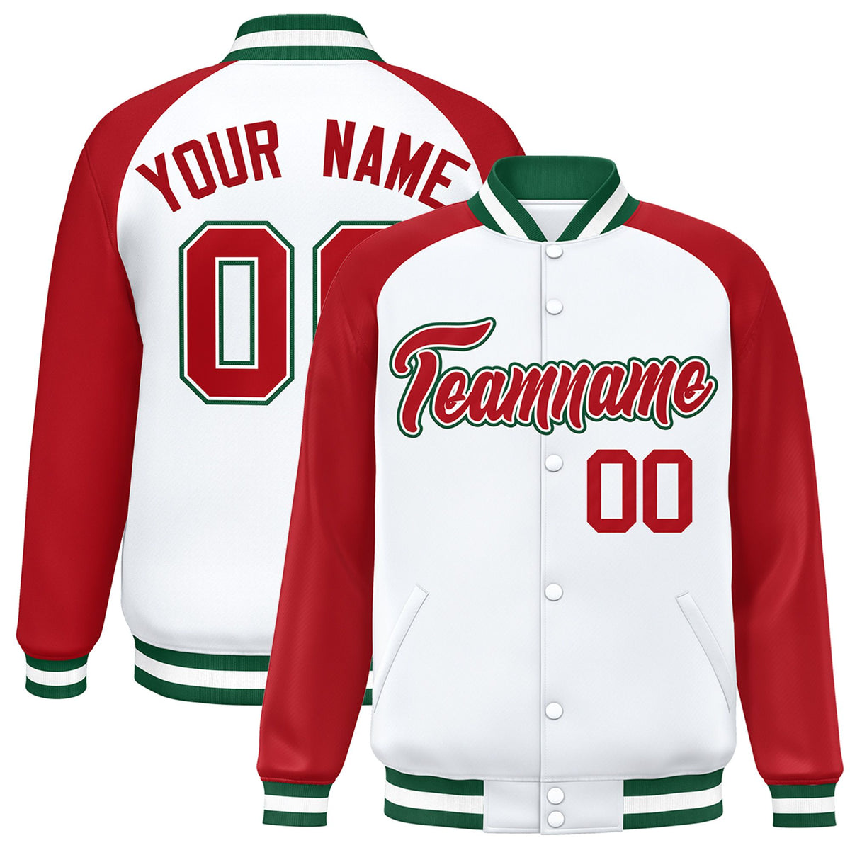 Custom White Royal-Red Green Bomber Raglan Sleeves Varsity Letterman Jacket