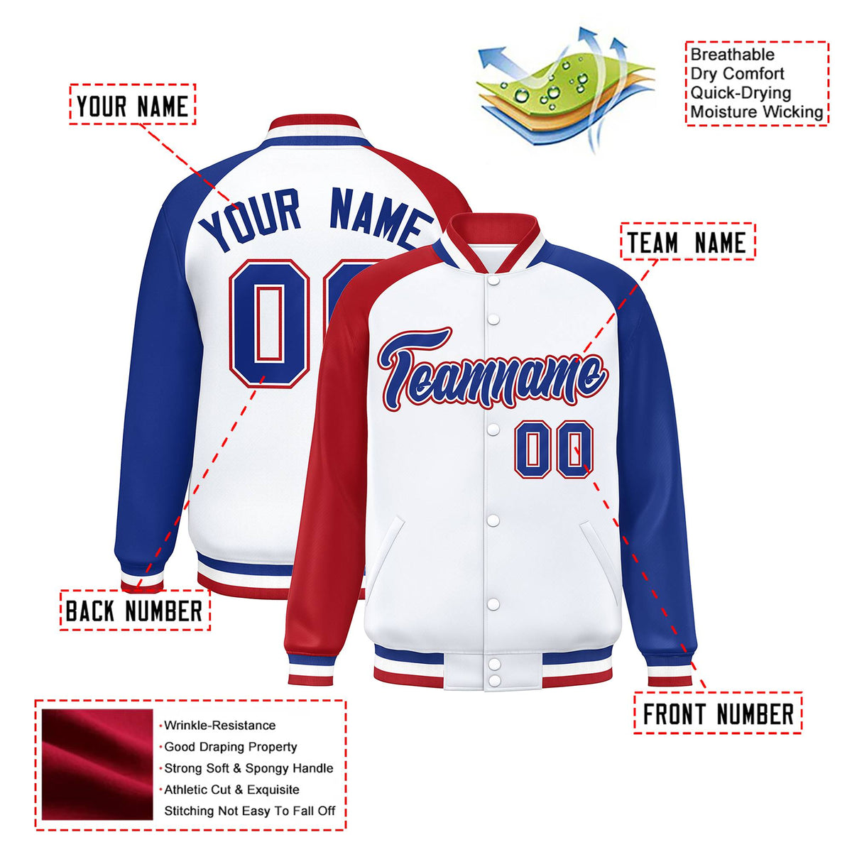 Custom White Royal-Red Thunder-Blue Bomber Raglan Sleeves Varsity Letterman Jacket
