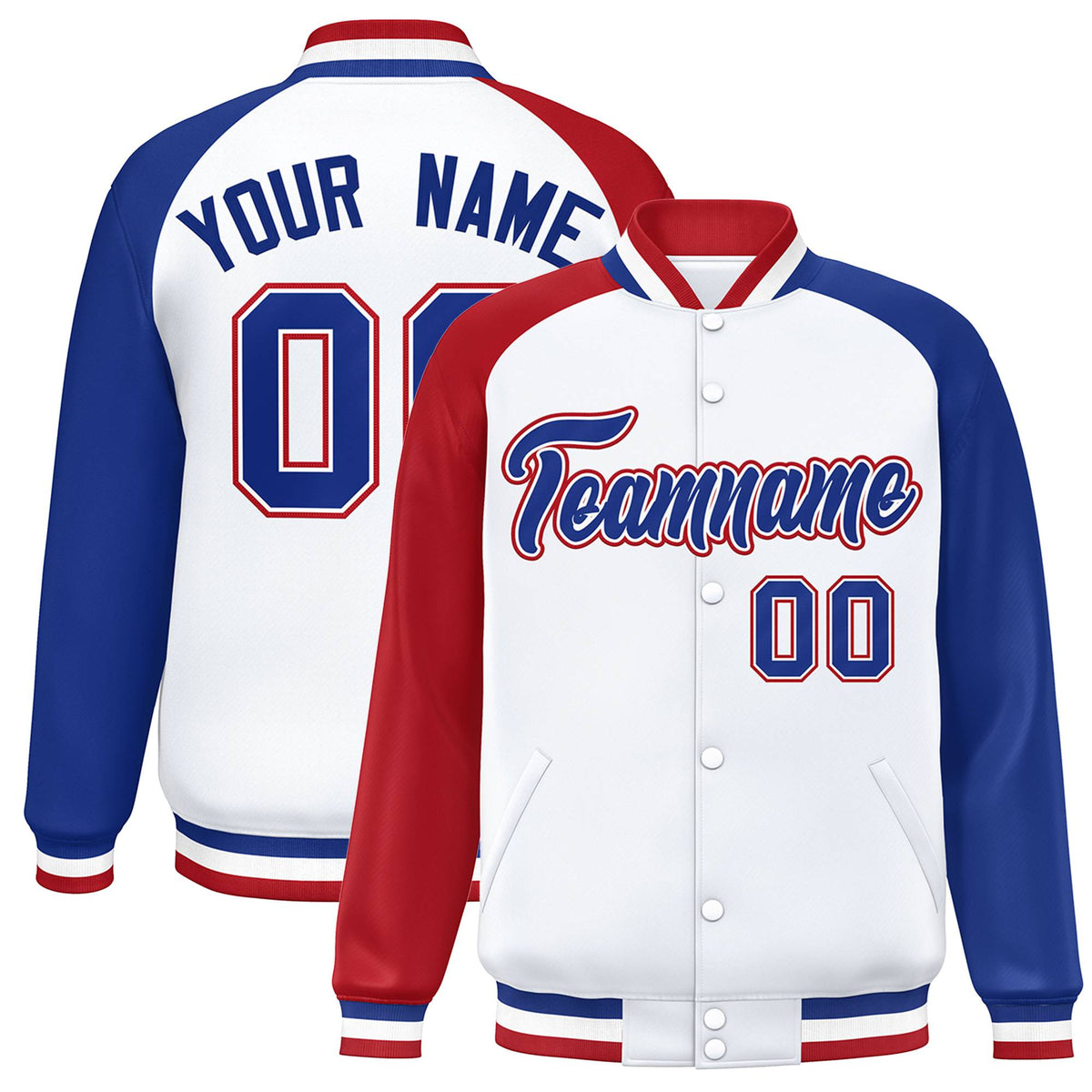 Custom White Royal-Red Thunder-Blue Bomber Raglan Sleeves Varsity Letterman Jacket