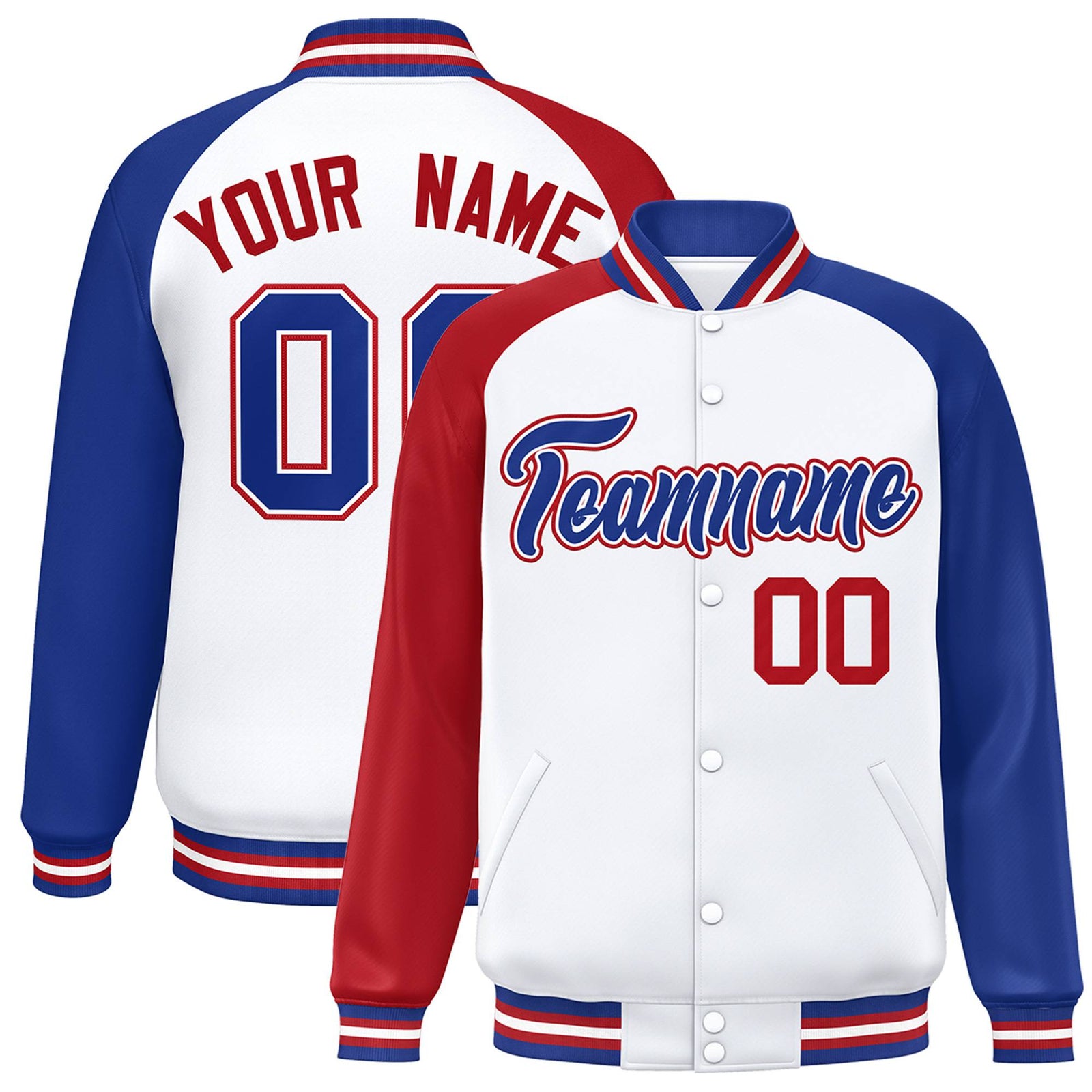 Custom White Royal-Red Thunder-Blue Bomber Raglan Sleeves Varsity Letterman Jacket