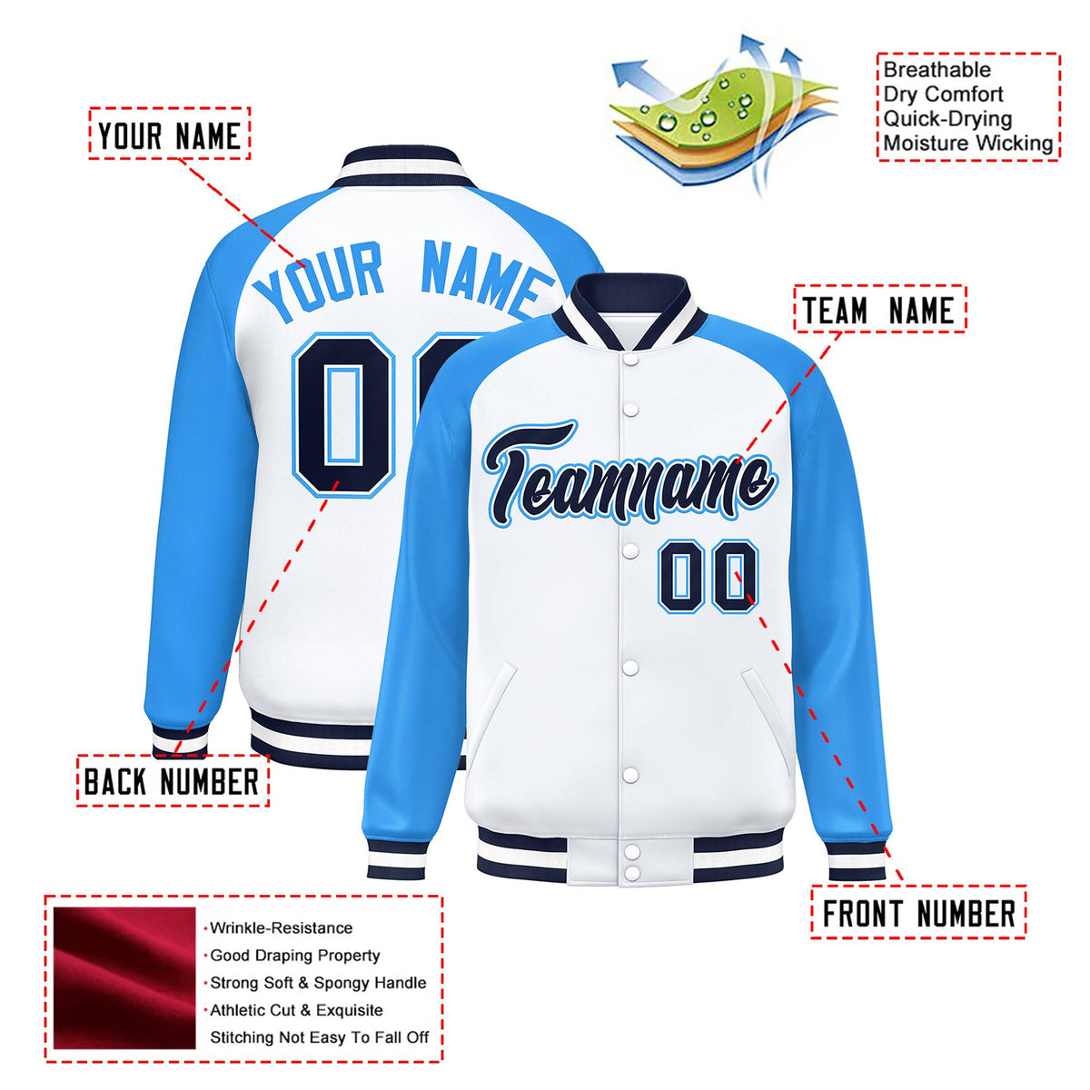 Custom White Light-Blue Black Bomber Raglan Sleeves Varsity Letterman Jacket
