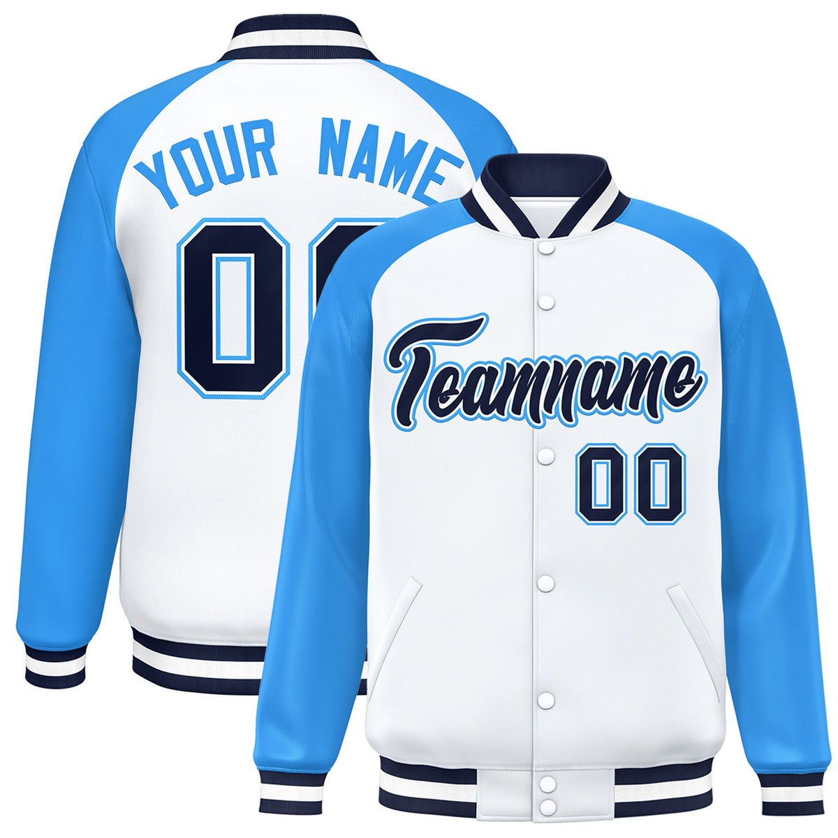 Custom White Light-Blue Black Bomber Raglan Sleeves Varsity Letterman Jacket