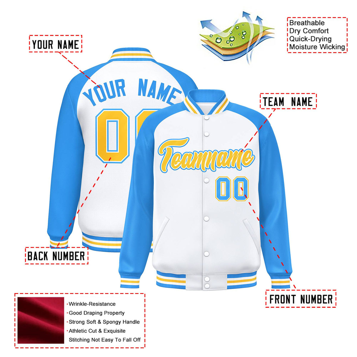 Custom White Light-Blue Yellow Bomber Raglan Sleeves Varsity Letterman Jacket