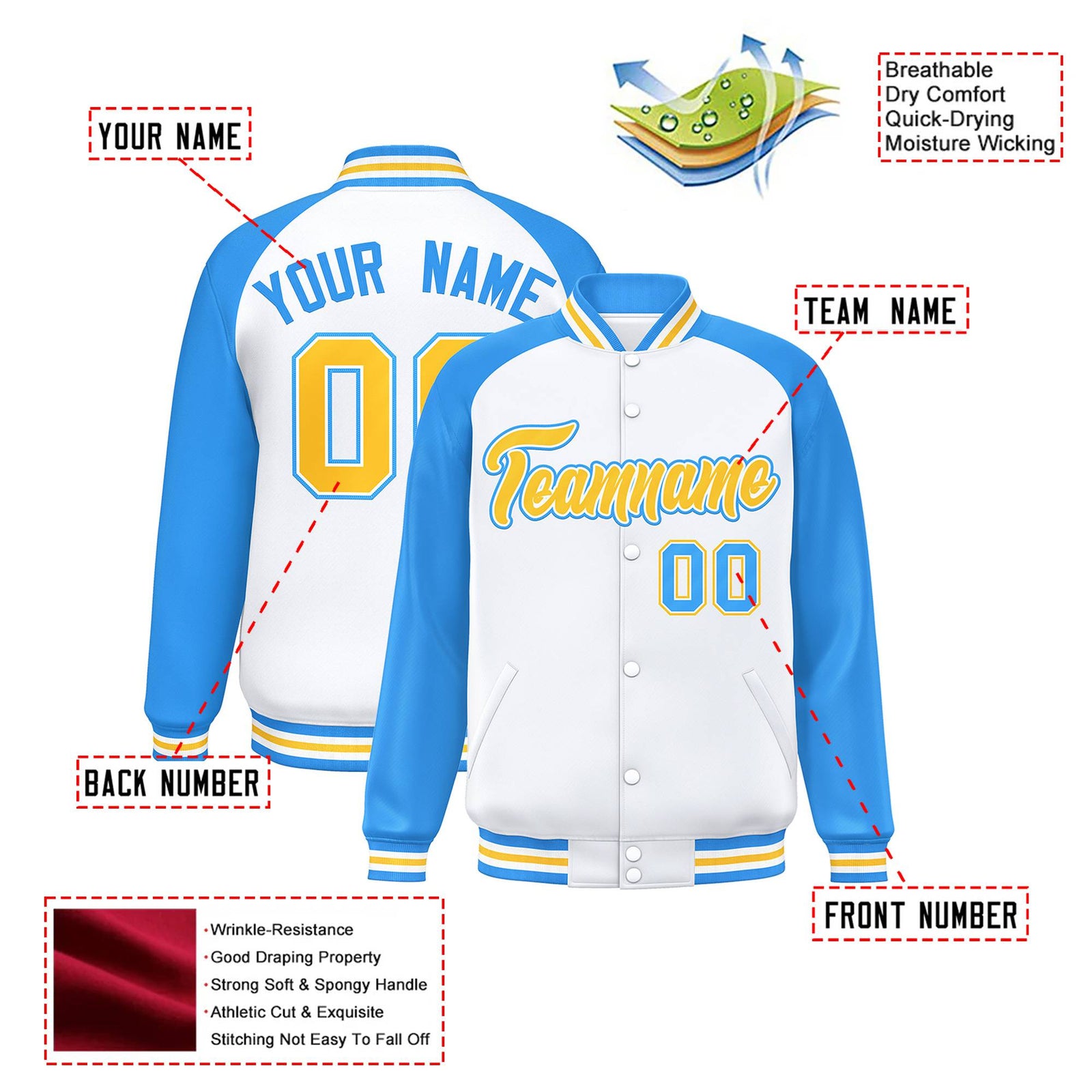 Custom White Light-Blue Yellow Bomber Raglan Sleeves Varsity Letterman Jacket