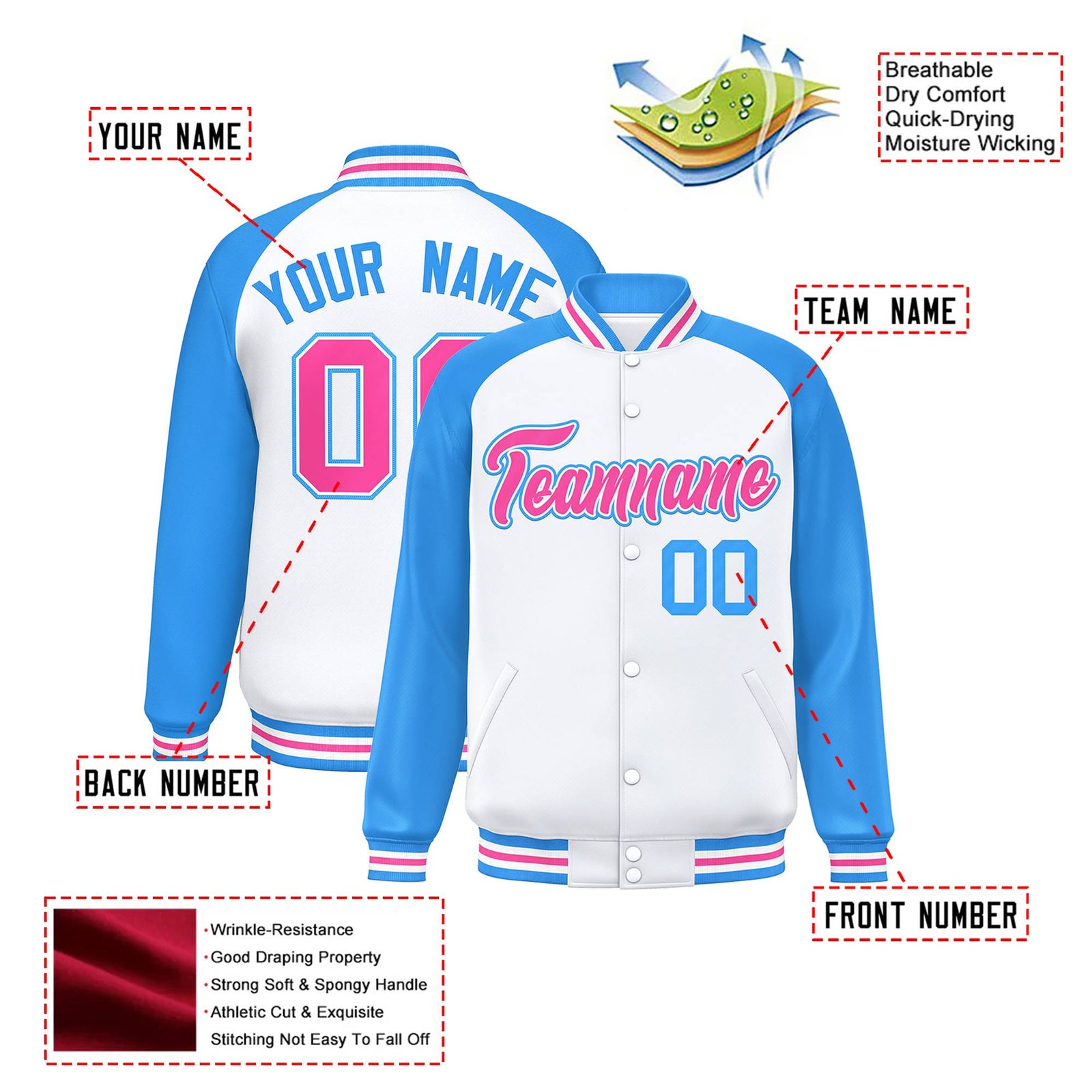 Custom White Light-Blue Pink Bomber Raglan Sleeves Varsity Letterman Jacket