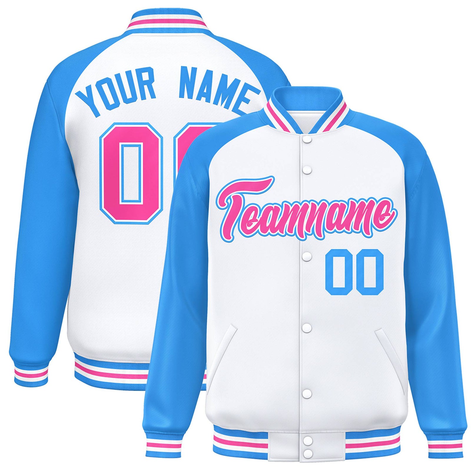 Custom White Light-Blue Pink Bomber Raglan Sleeves Varsity Letterman Jacket