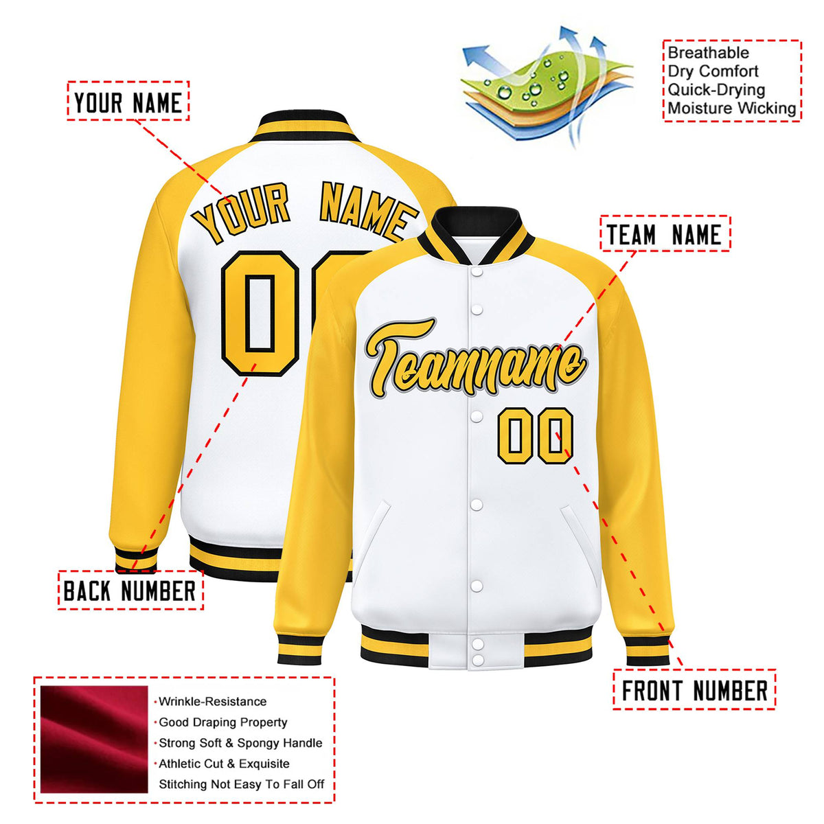 Custom White-Yellow-Black Bomber Raglan Sleeves Varsity Letterman Jacket