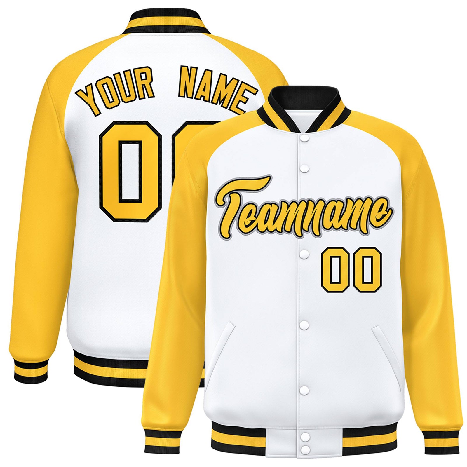 Custom White-Yellow-Black Bomber Raglan Sleeves Varsity Letterman Jacket