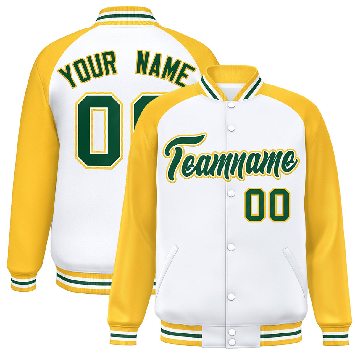 Custom White-Yellow Neon-Green Bomber Raglan Sleeves Varsity Letterman Jacket
