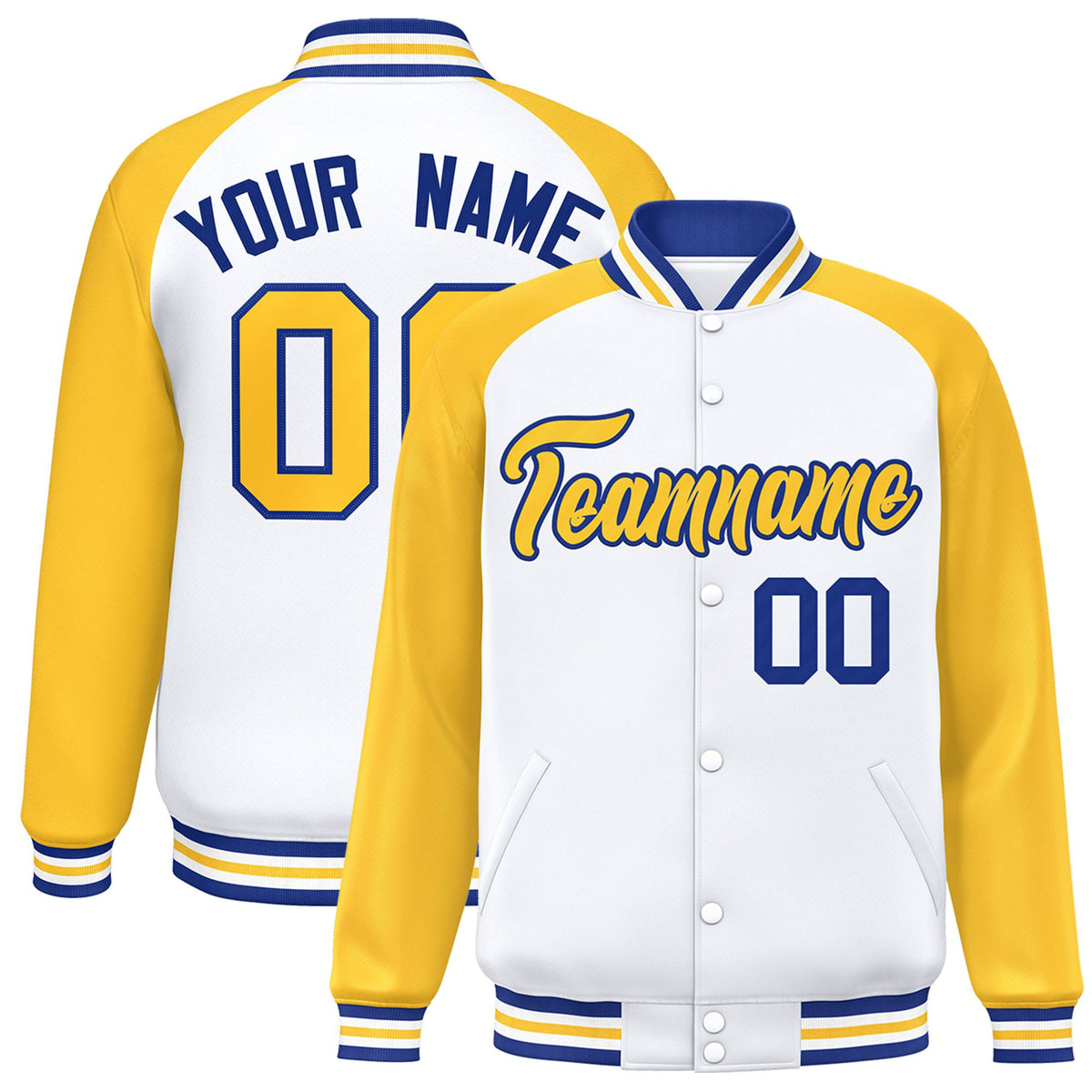 Custom White-Yellow Purple Bomber Raglan Sleeves Varsity Letterman Jacket