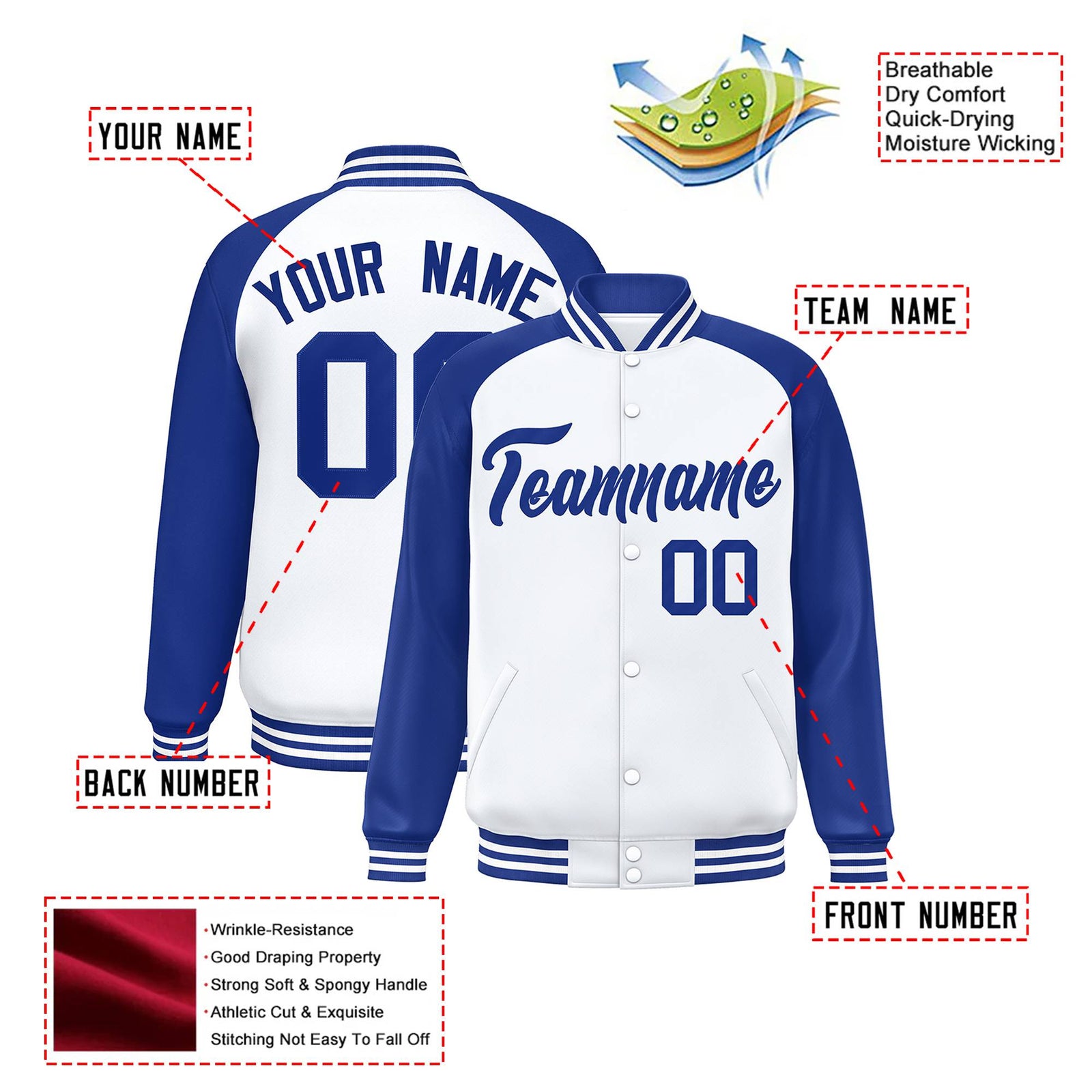 Custom White Thunder-Blue Bomber Raglan Sleeves Varsity Letterman Jacket