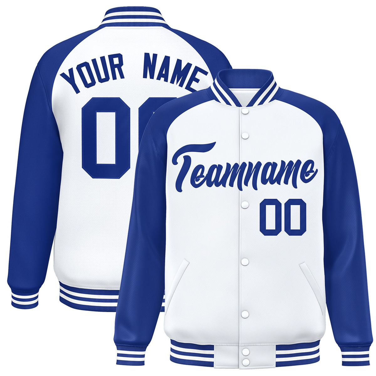 Custom White Thunder-Blue Bomber Raglan Sleeves Varsity Letterman Jacket
