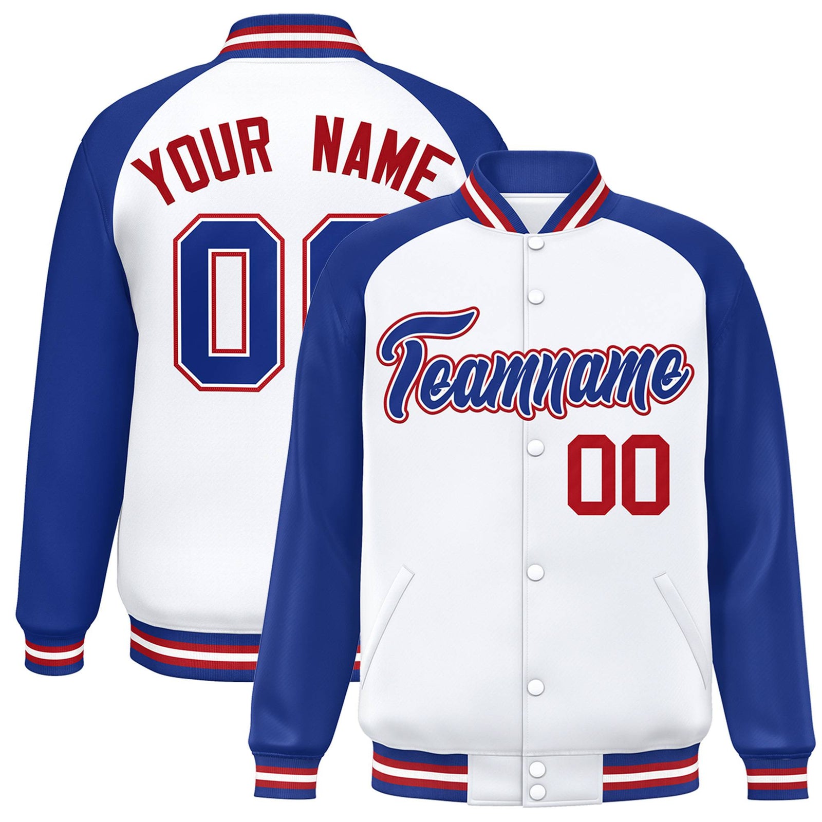 Custom White Thunder-Blue Red Bomber Raglan Sleeves Varsity Letterman Jacket