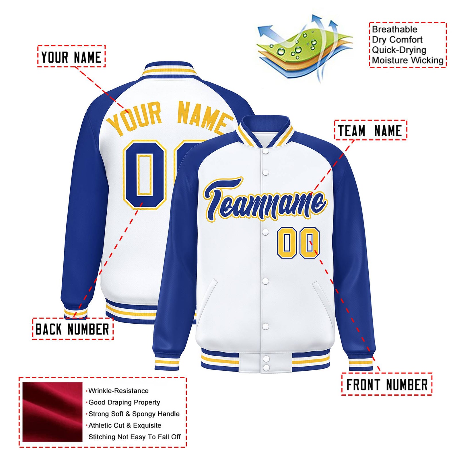 Custom White Thunder-Blue Yellow Bomber Raglan Sleeves Varsity Letterman Jacket
