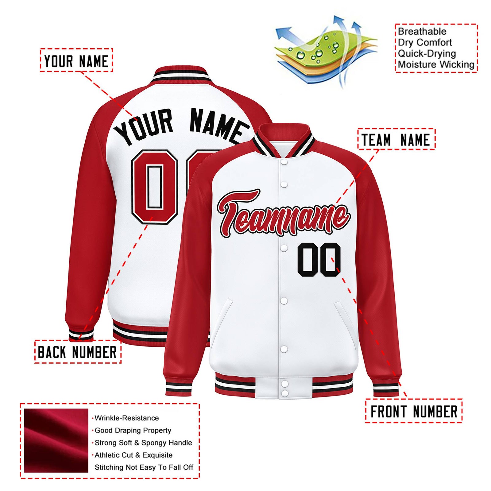 Custom White Red Black Bomber Raglan Sleeves Varsity Letterman Jacket