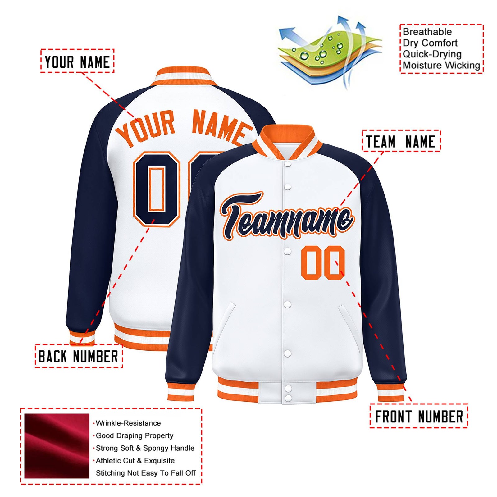 Custom White Navy Orange Bomber Raglan Sleeves Varsity Letterman Jacket