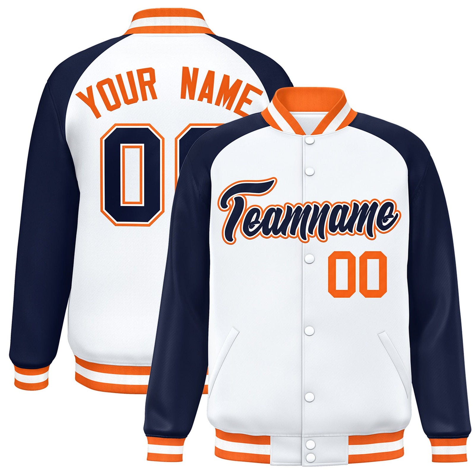 Custom White Navy Orange Bomber Raglan Sleeves Varsity Letterman Jacket
