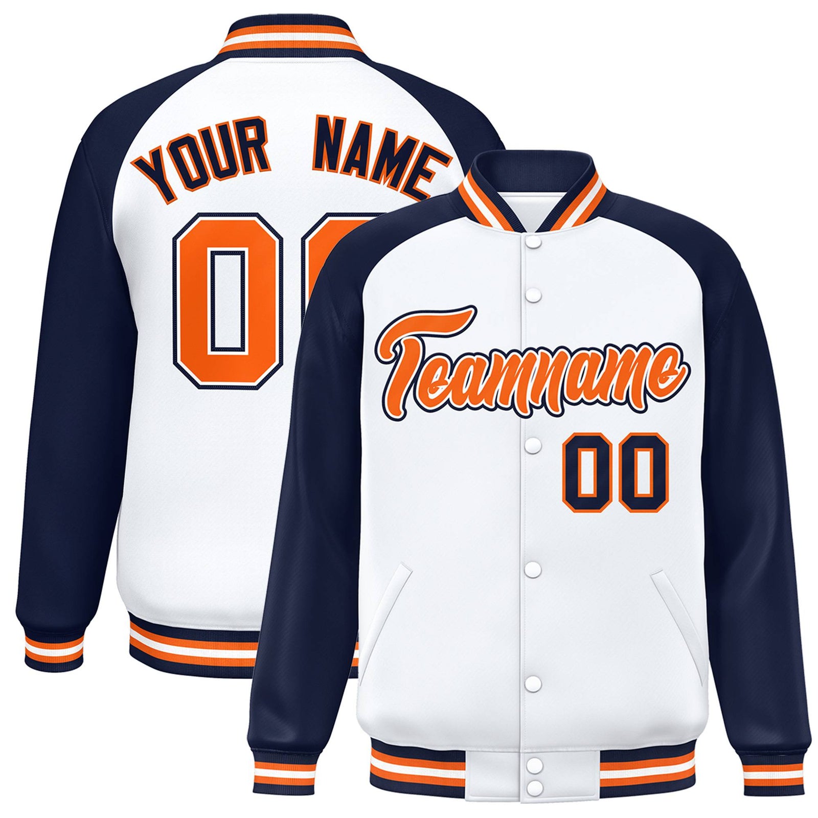 Custom White Navy Orange Bomber Raglan Sleeves Varsity Letterman Jacket